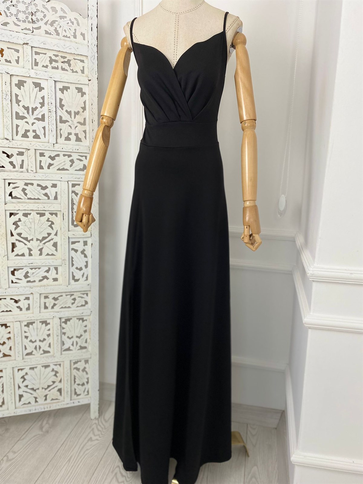 G0273 İp Askılı Maksi Abiye Elbise Siyah