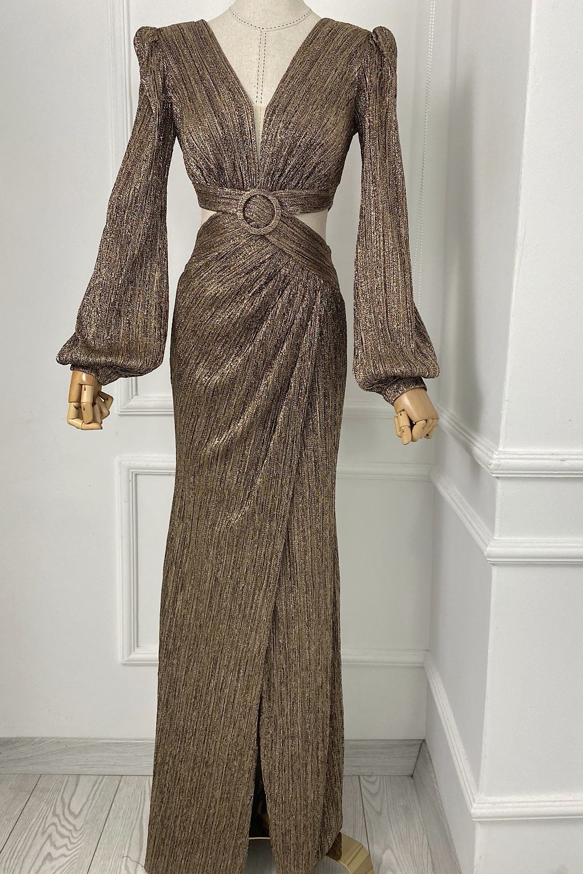 G0337 Bel Detay Tasarım Elbise Bronz
