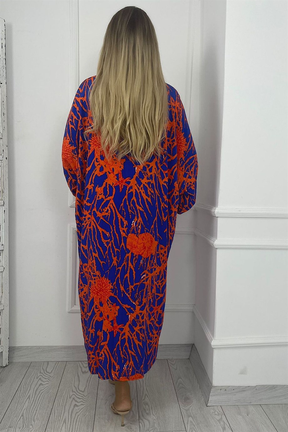 G0342 Oversize Mercan Desenli Elbise Çok Renkli
