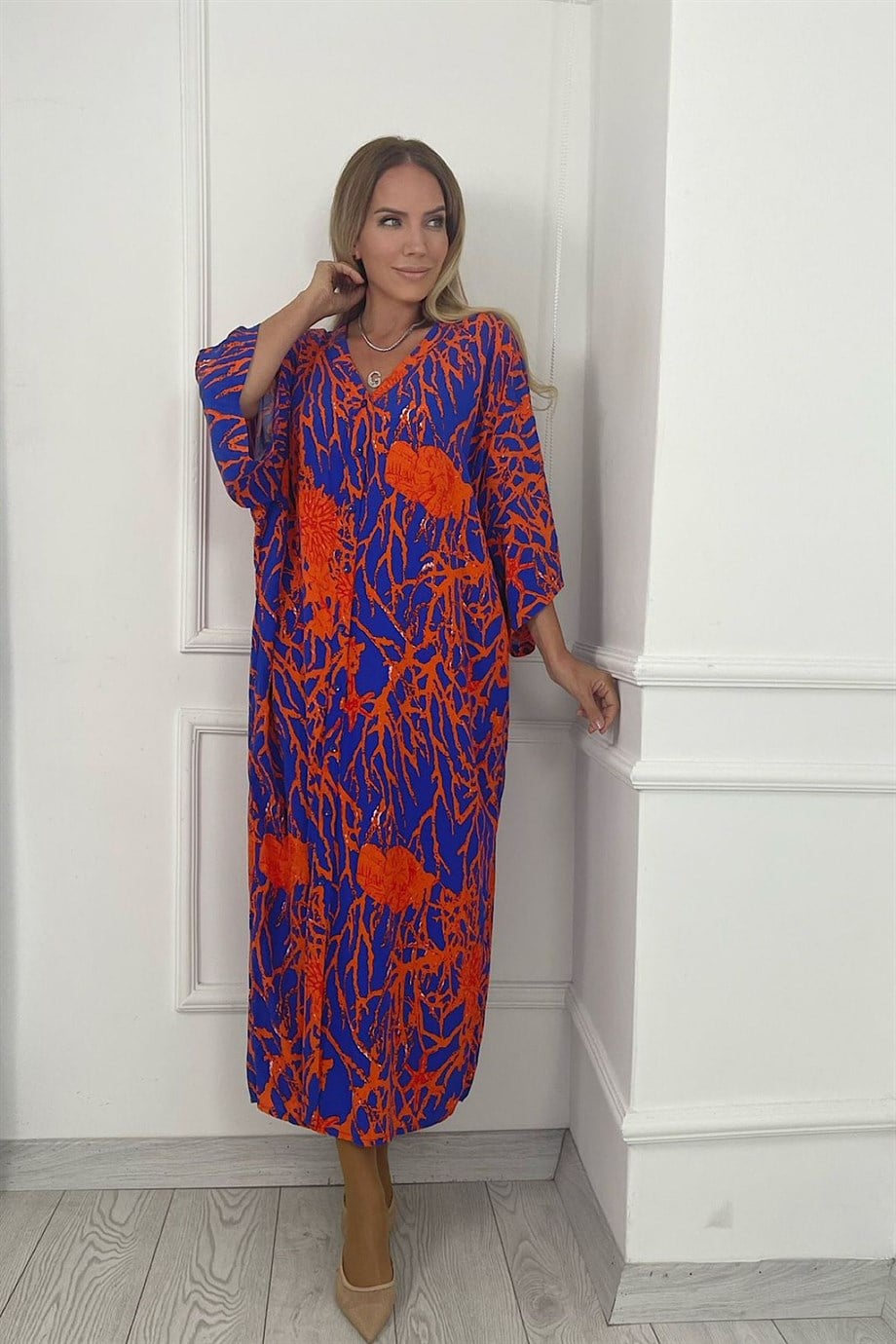 G0342 Oversize Mercan Desenli Elbise Çok Renkli
