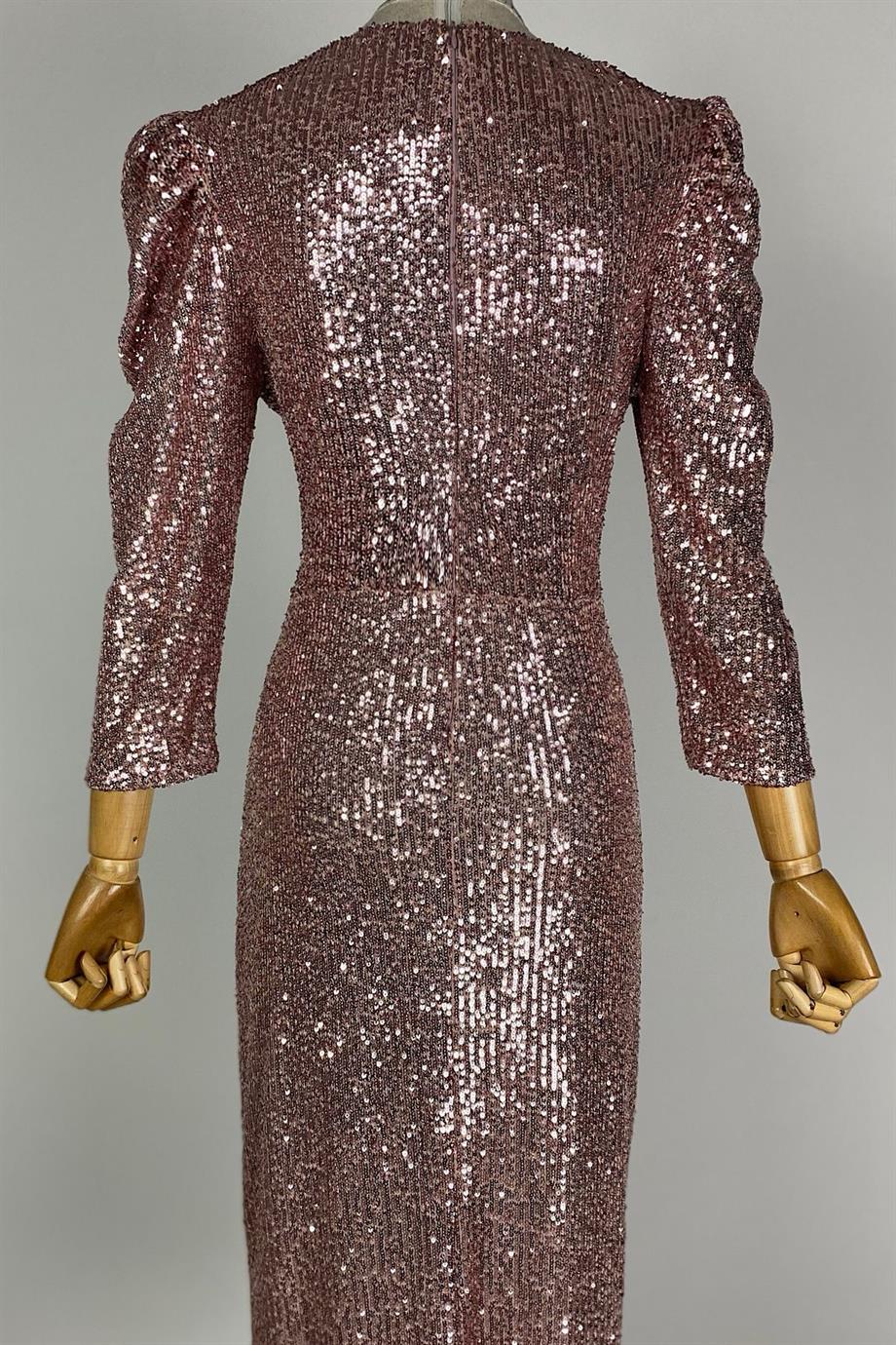 G0424 Drape Detaylı Kruvaze Yaka Payet Elbise Rose