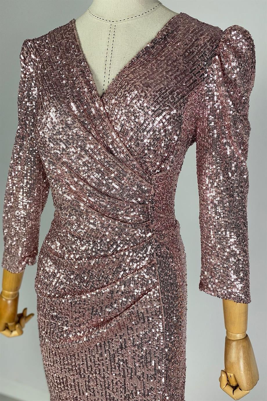 G0424 Drape Detaylı Kruvaze Yaka Payet Elbise Rose