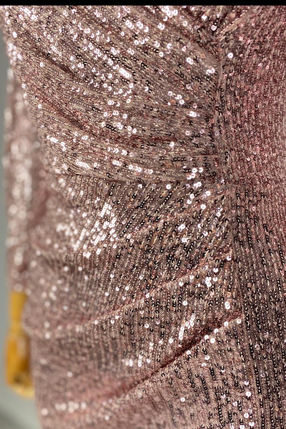G0424 Drape Detaylı Kruvaze Yaka Payet Elbise Rose