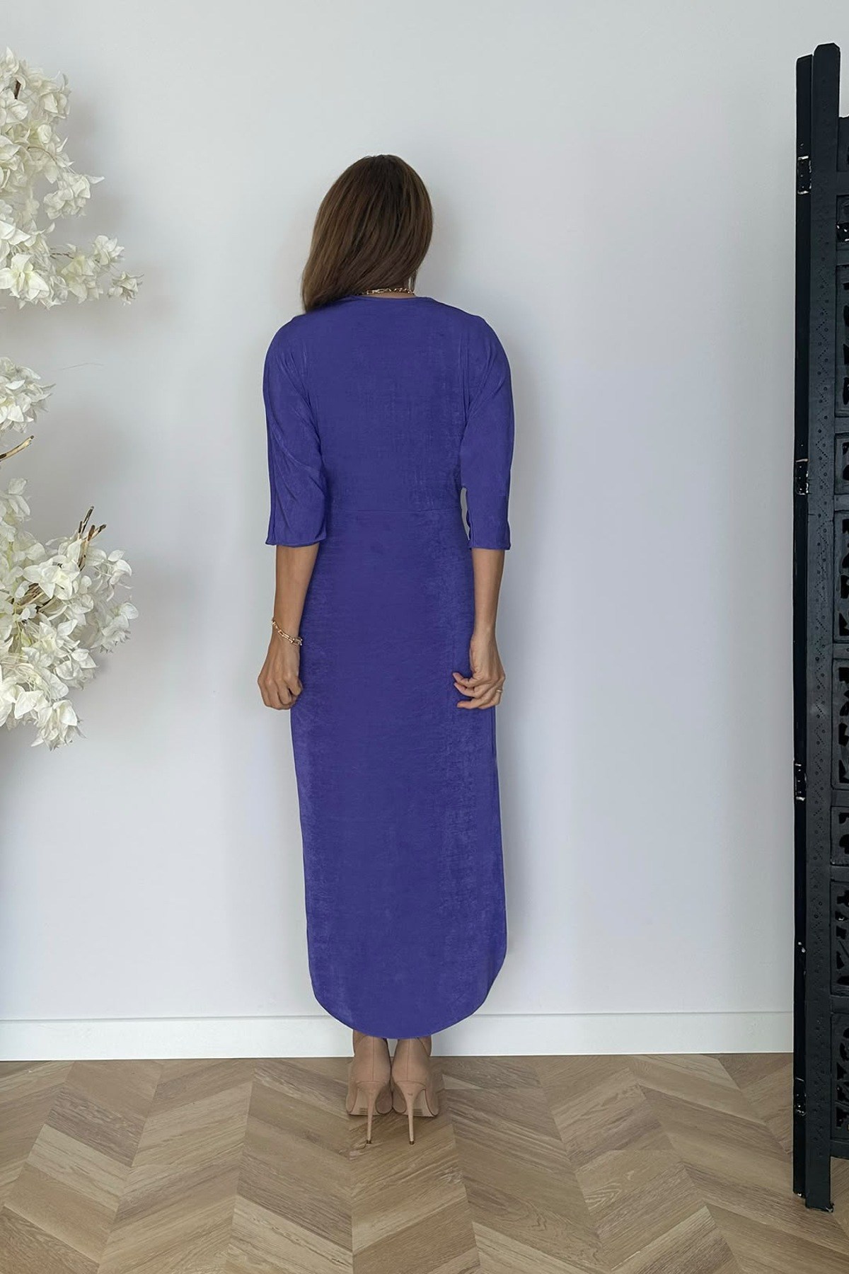 G0526 Drape Detaylı V Yaka Tasarım Elbise Mor