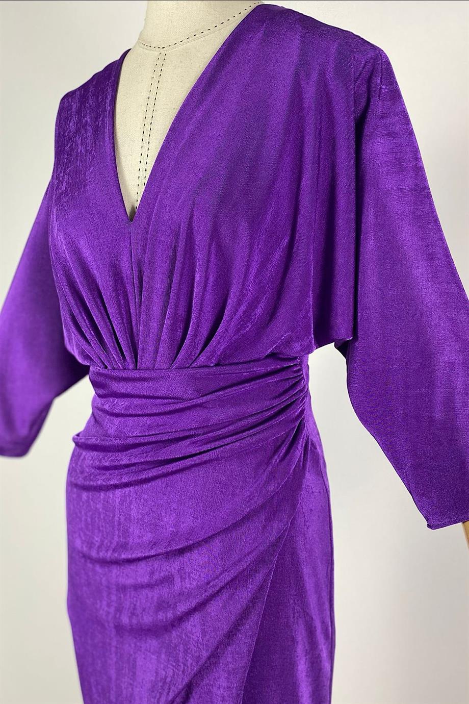G0526 Drape Detaylı V Yaka Tasarım Elbise Mor