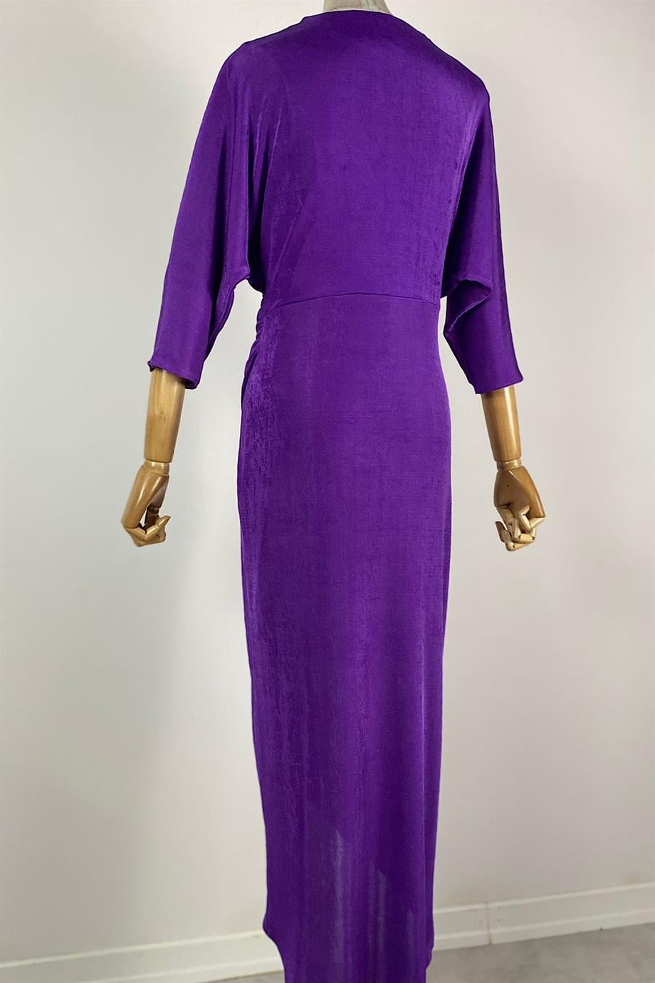 G0526 Drape Detaylı V Yaka Tasarım Elbise Mor
