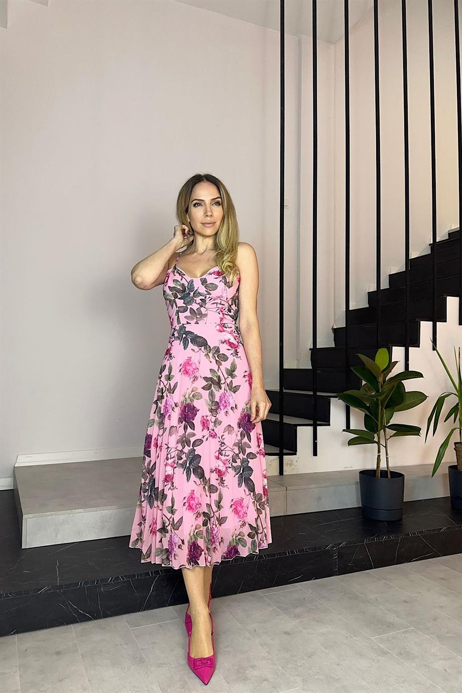 G0545 İp Askılı Piliseli Şifon Elbise Pembe