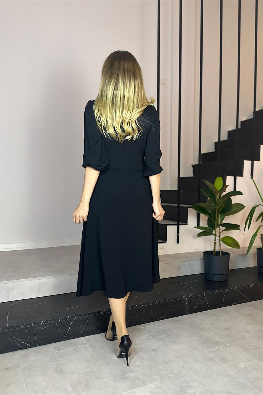 G0549 Ceket Yaka Bel Detaylı Elbise Siyah