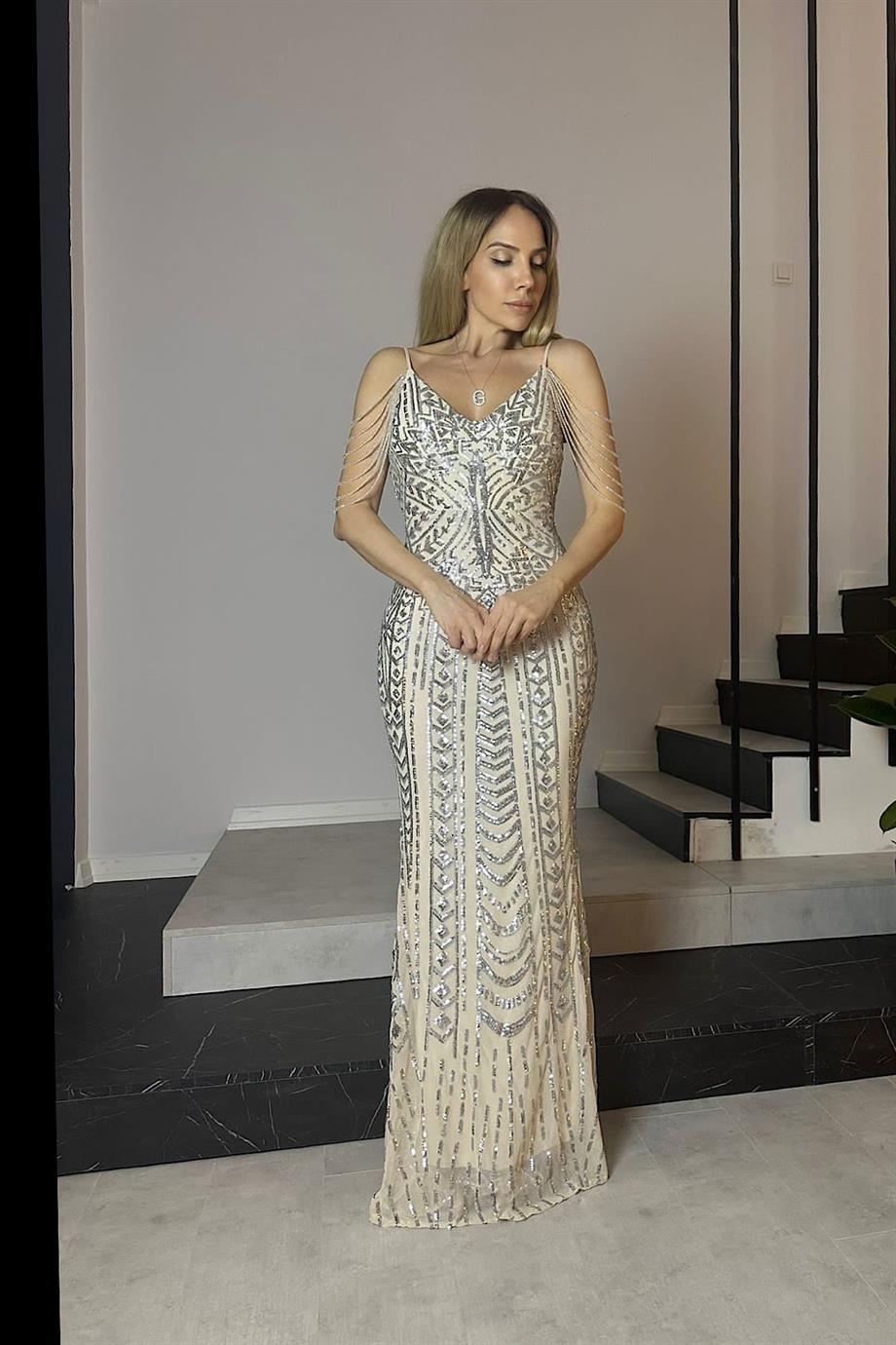 G0578 Payet Tasarım Abiye Elbise Silver