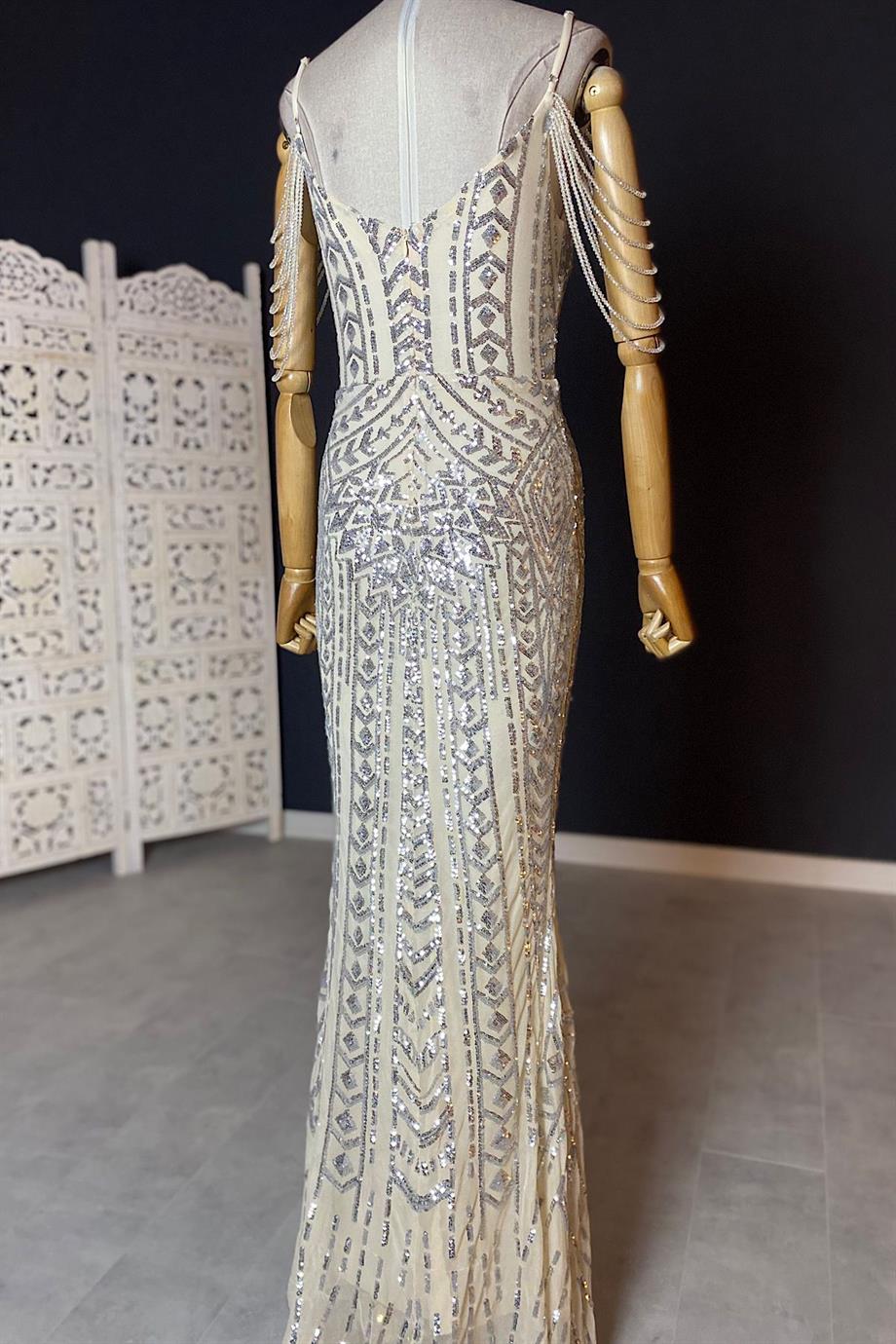 G0578 Payet Tasarım Abiye Elbise Silver