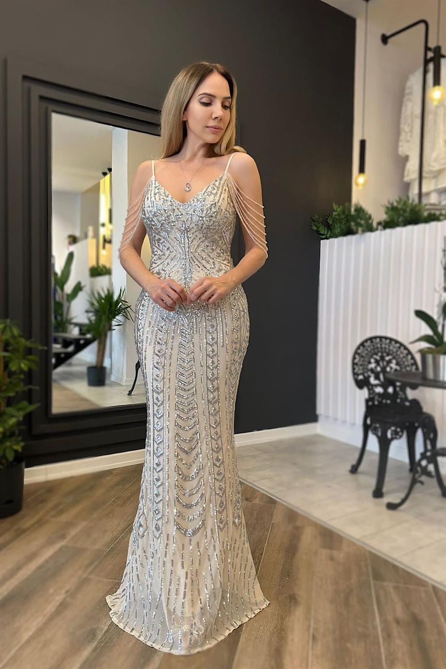 G0578 Payet Tasarım Abiye Elbise Silver