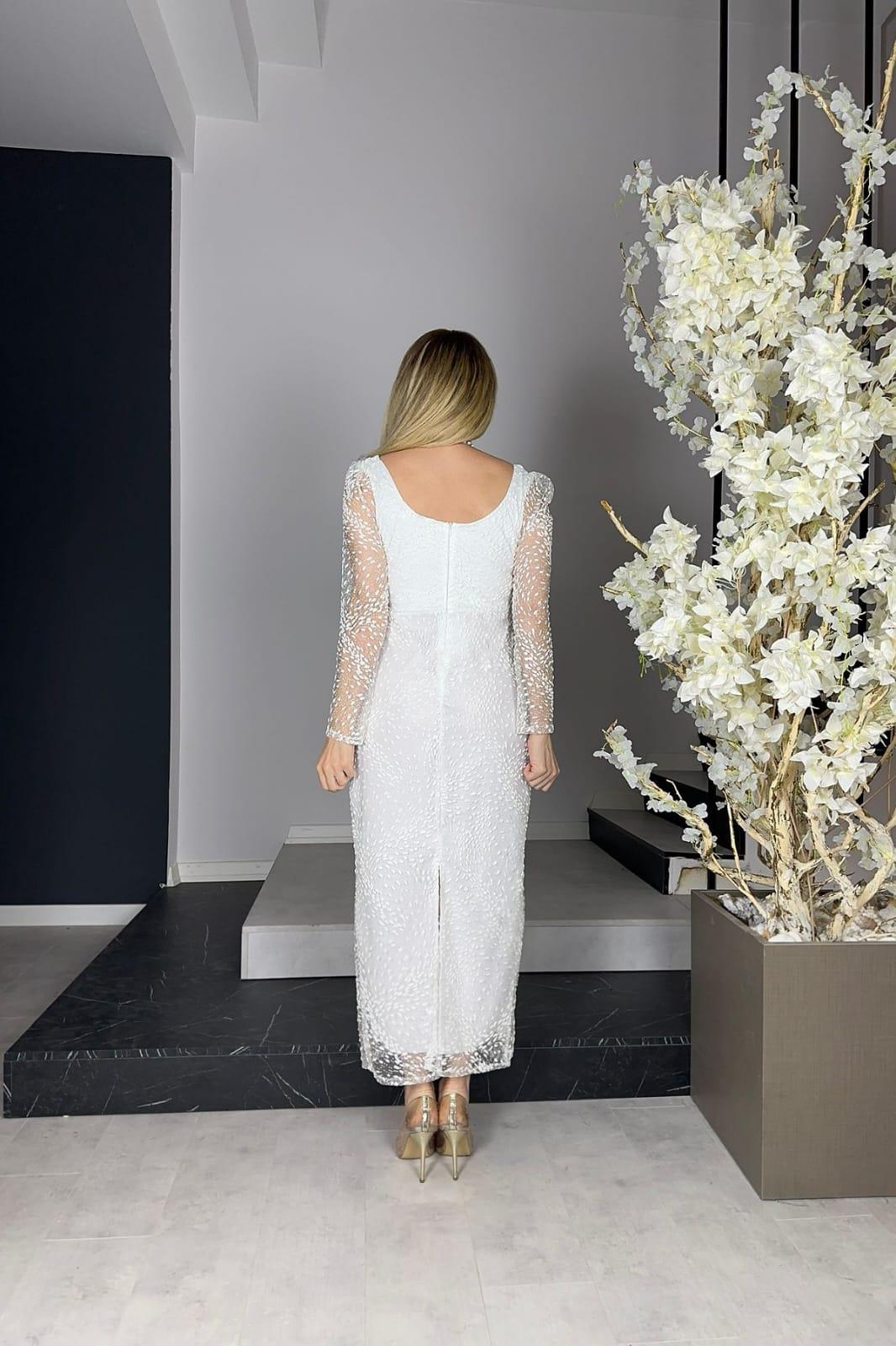 G0882 Square Neck Silvery Midi Length Evening Dress White