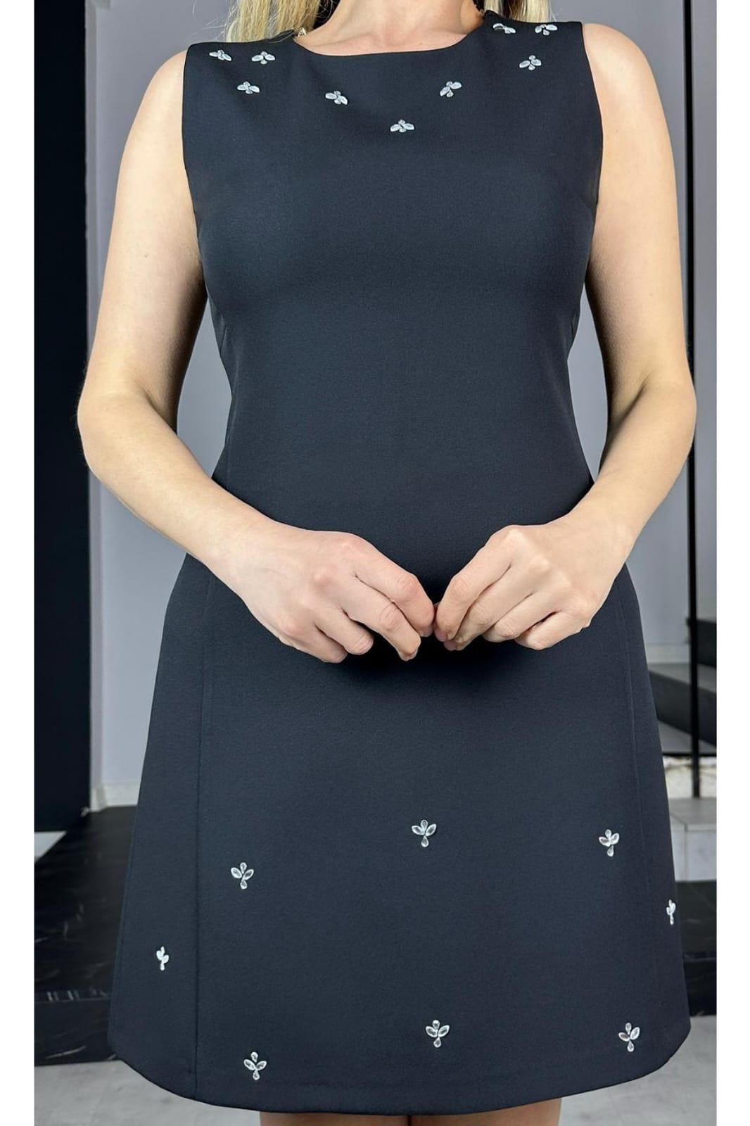 G1350 Taş Detaylı Kolsuz Elbise Siyah