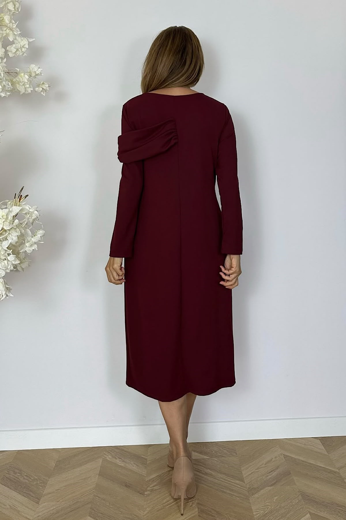 G1596 Yaka Detaylı Kalem Elbise Bordo
