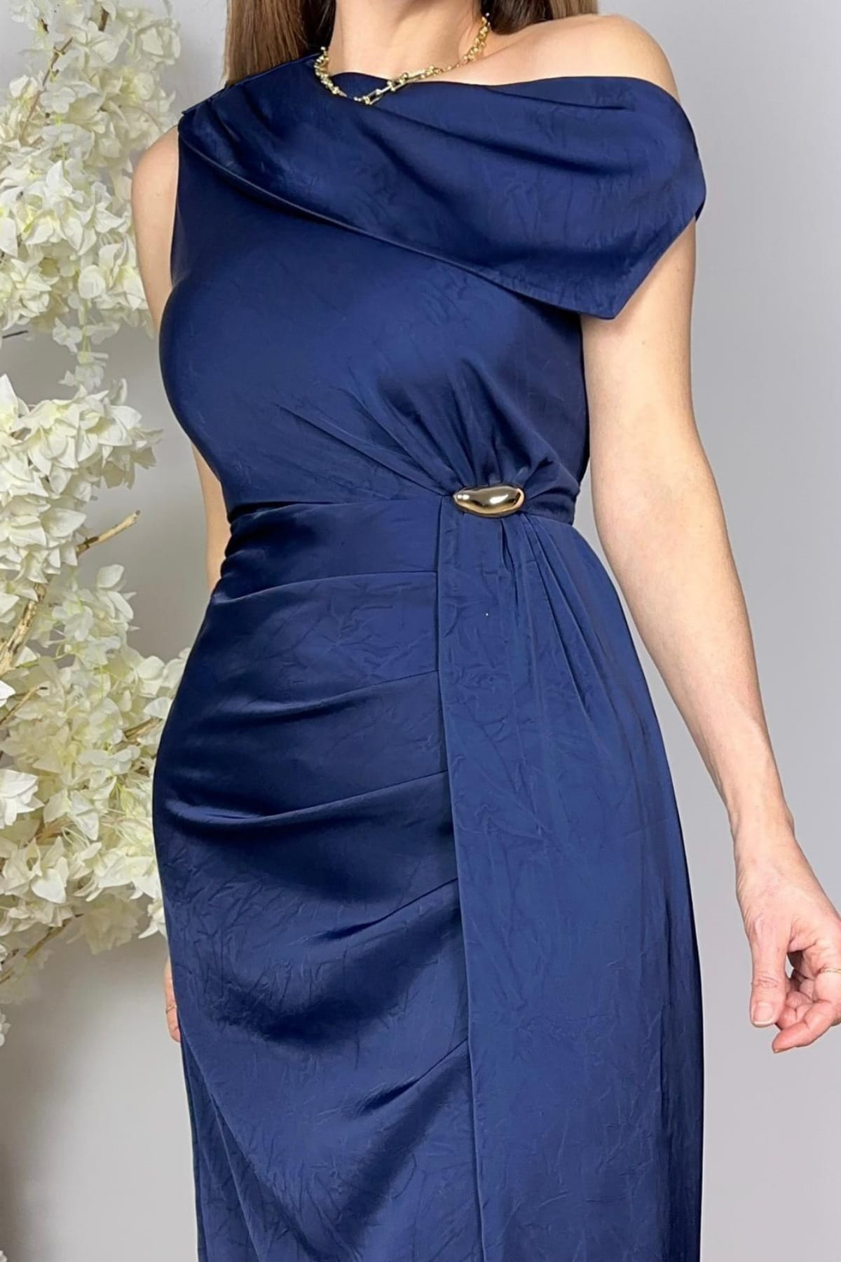 G1737 Tek Omuz Drape Detaylı Abiye Elbise Lacivert