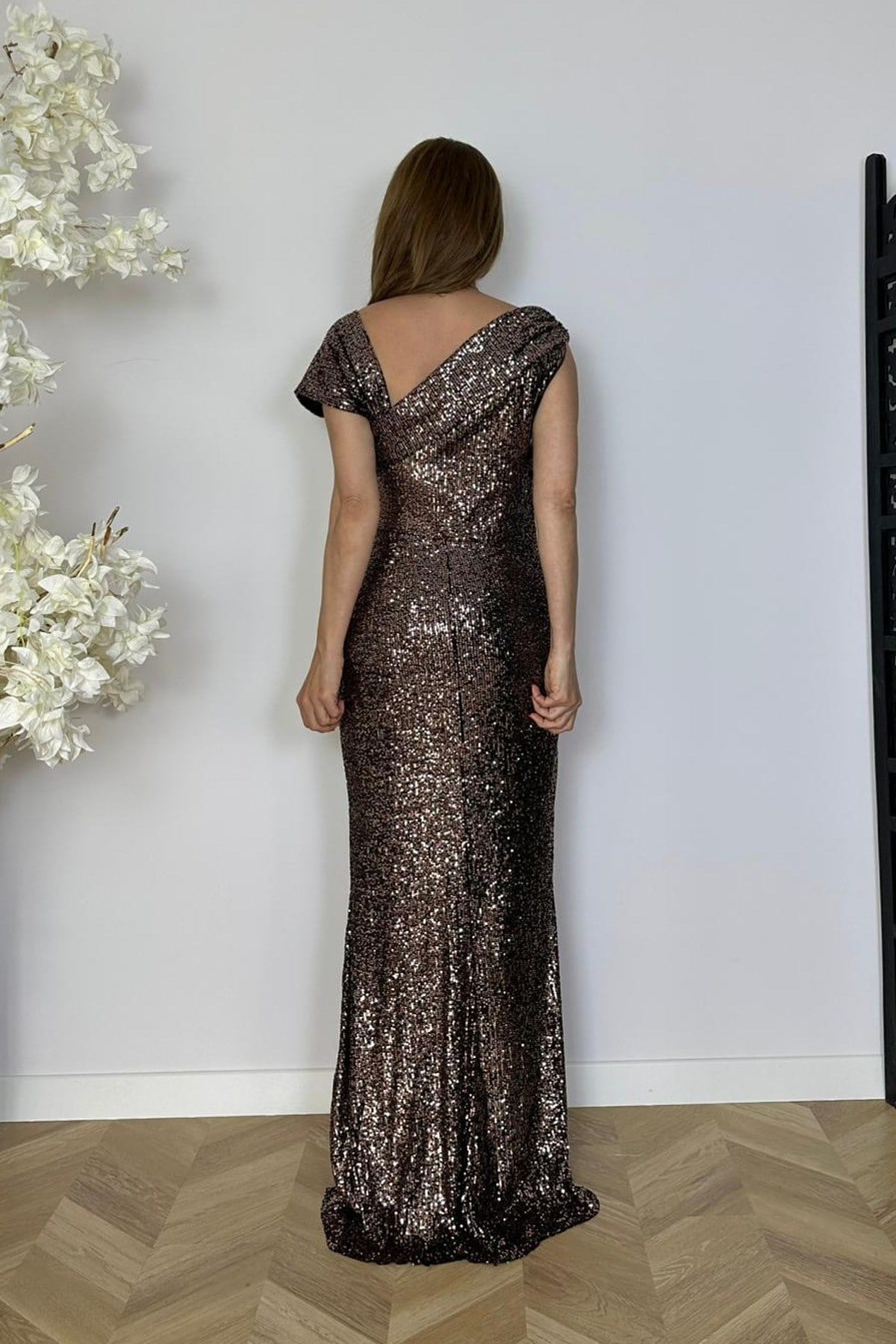 G1806 Yaka Detaylı Payat Elbise Bronz
