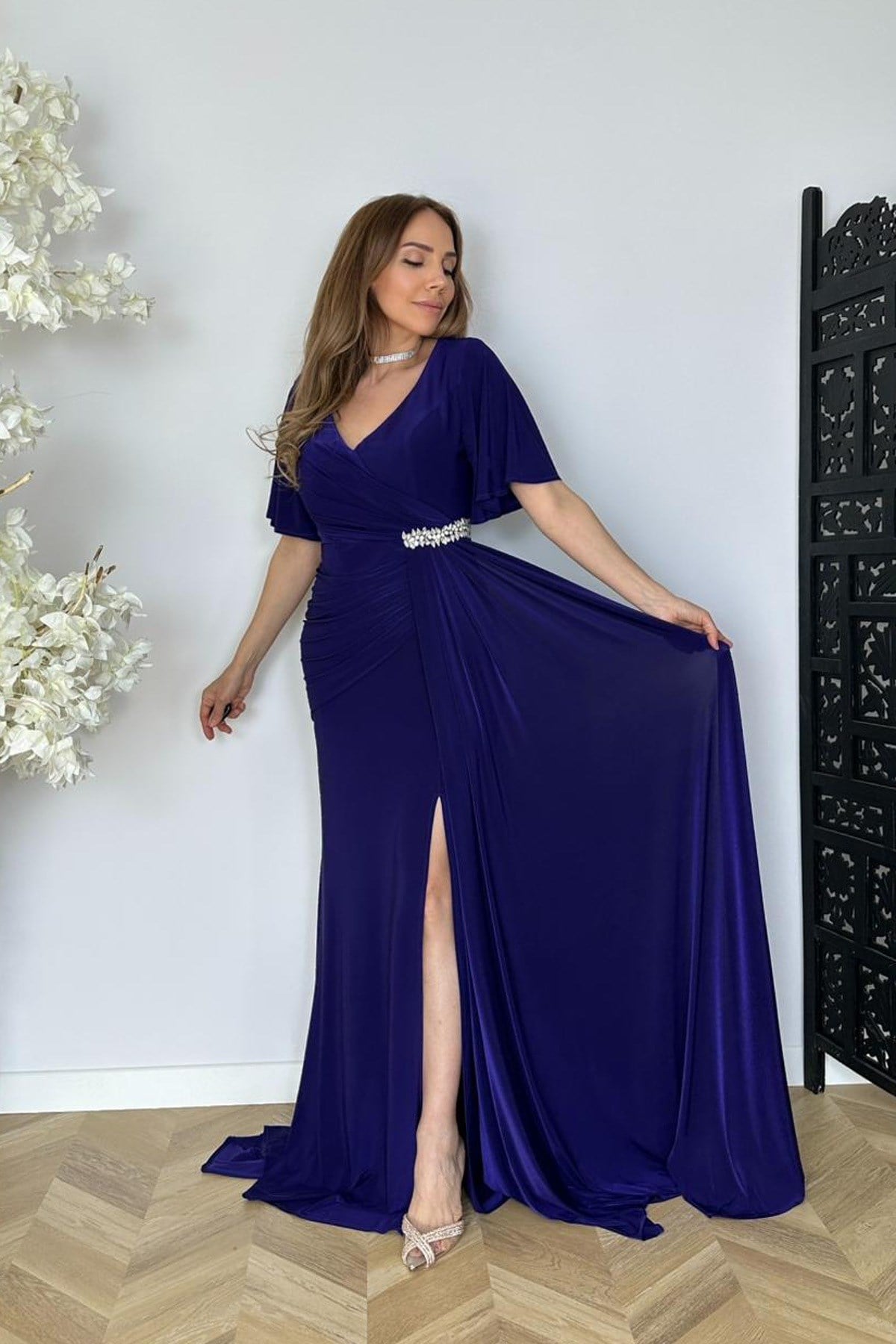 G1813 Taş ve Drape Detaylı Maksi Abiye Elbise Mor
