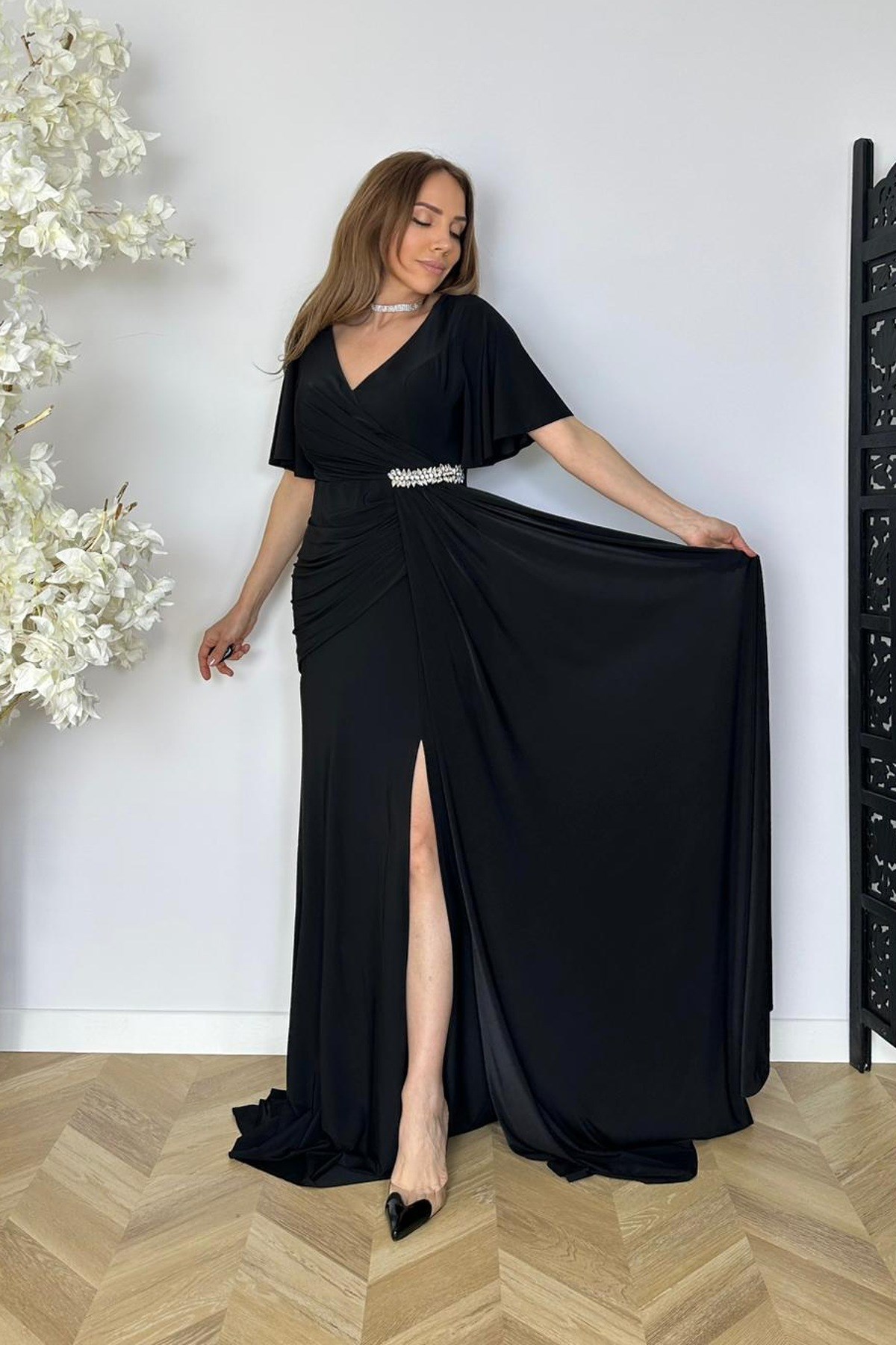G1813 Taş ve Drape Detaylı Maksi Abiye Elbise Siyah