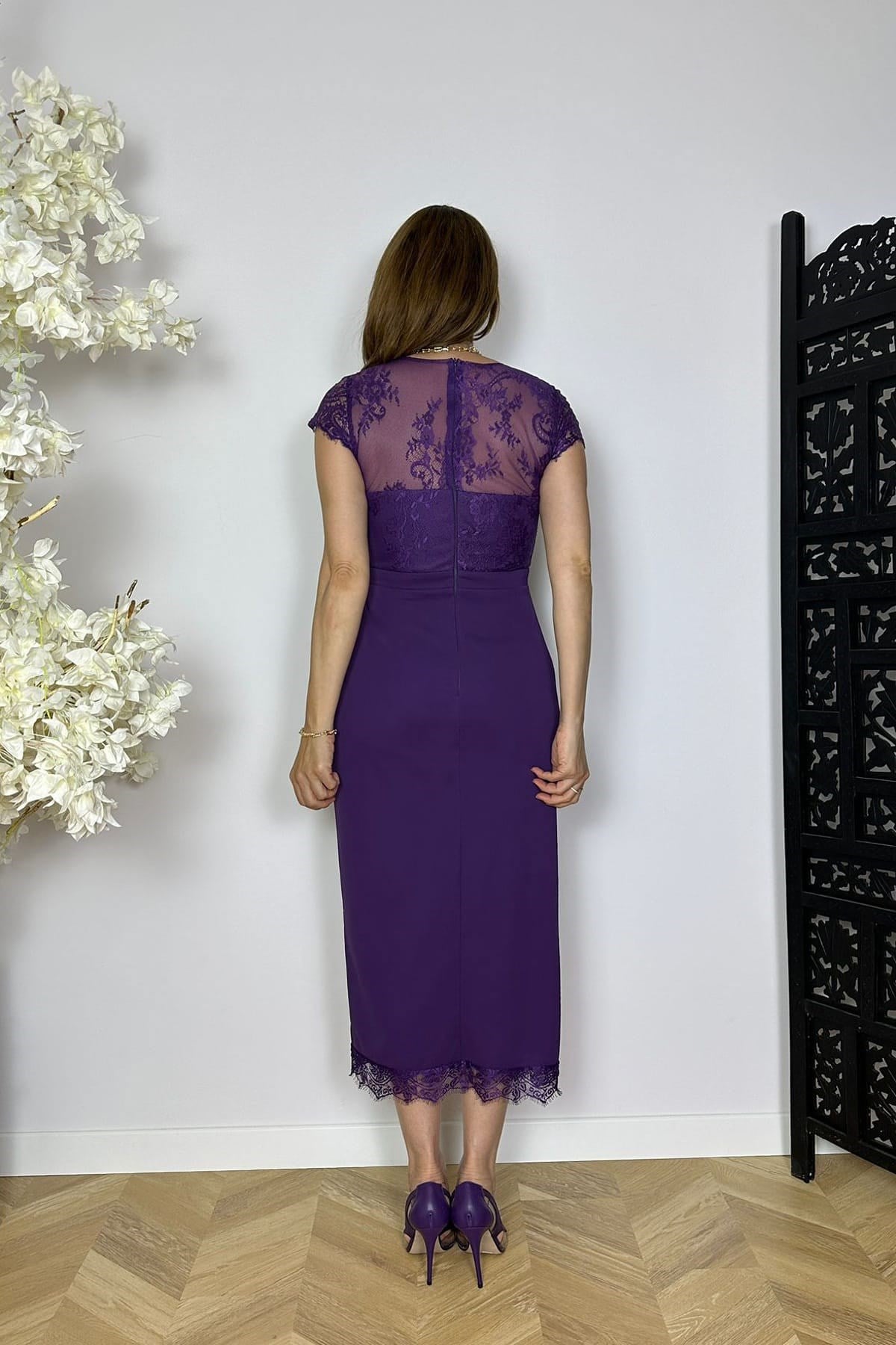 G1830 Drape ve Dantel Detaylı Abiye Elbise Mor