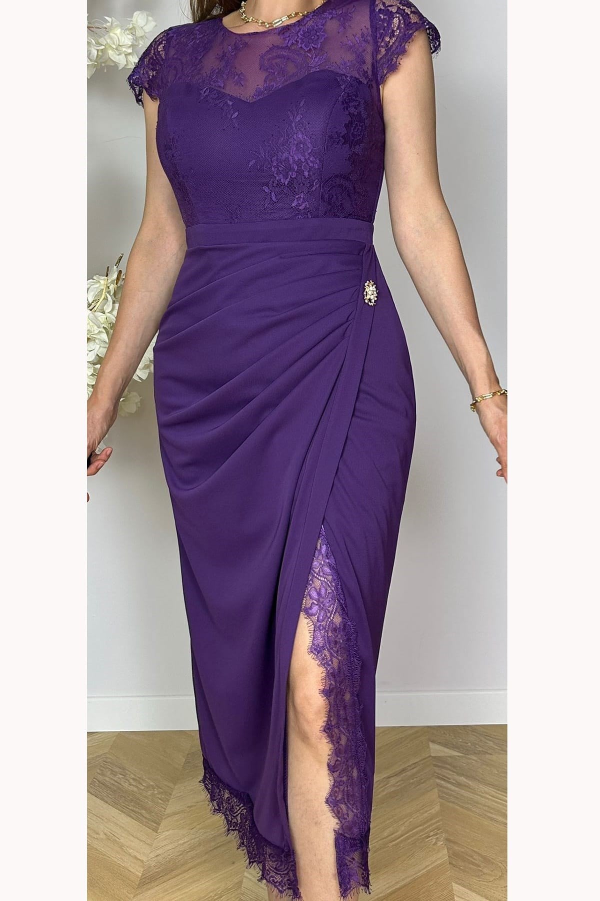 G1830 Drape ve Dantel Detaylı Abiye Elbise Mor