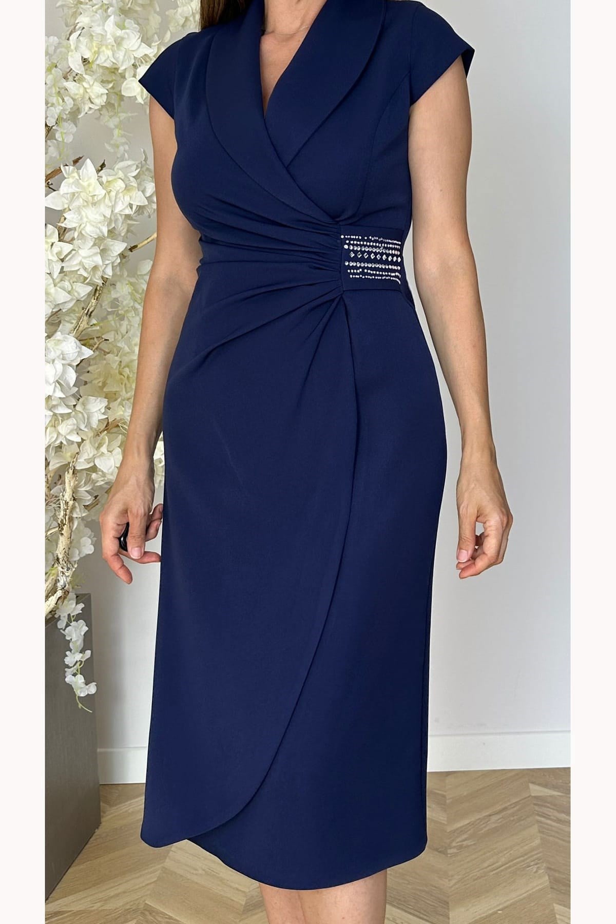 G1844 Drape ve Taş Detaylı Elbise Lacivert