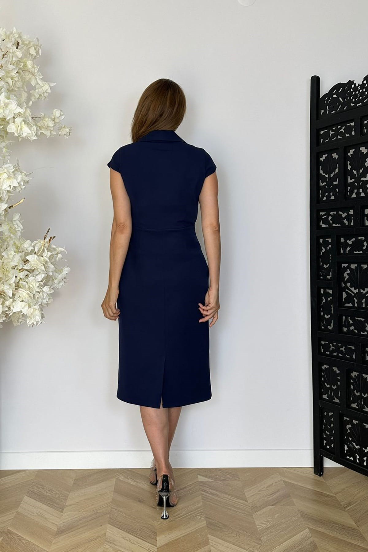 G1844 Drape ve Taş Detaylı Elbise Lacivert