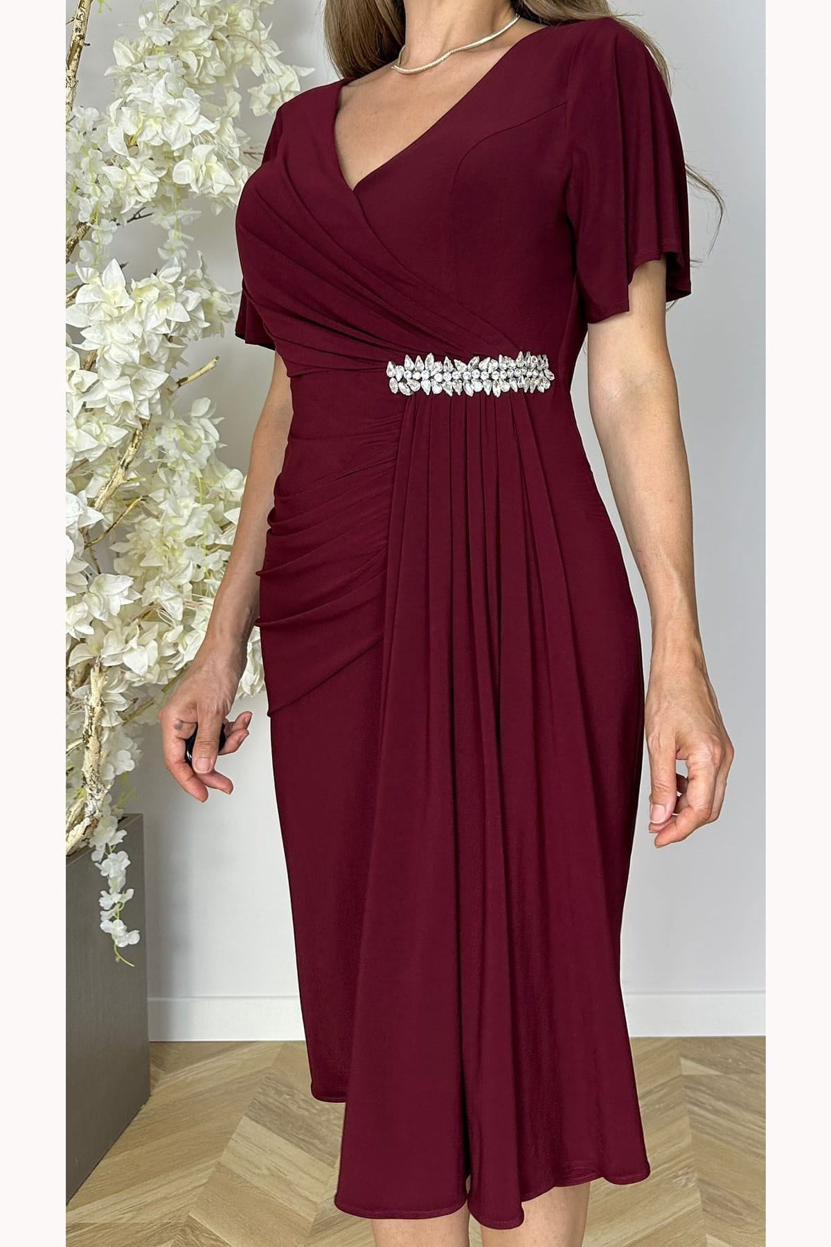 G1854 Taş ve Drape Detaylı Abiye Elbise Bordo
