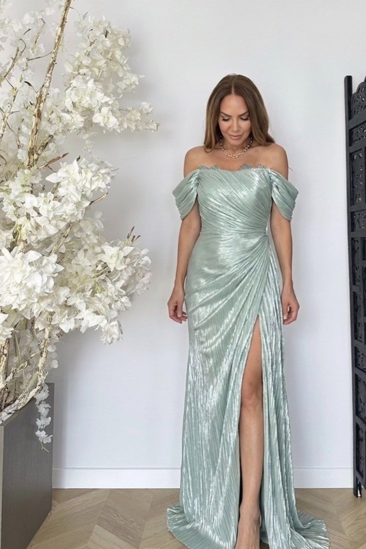 G1936 Drape Detaylı Maksi Abiye Elbise Mint