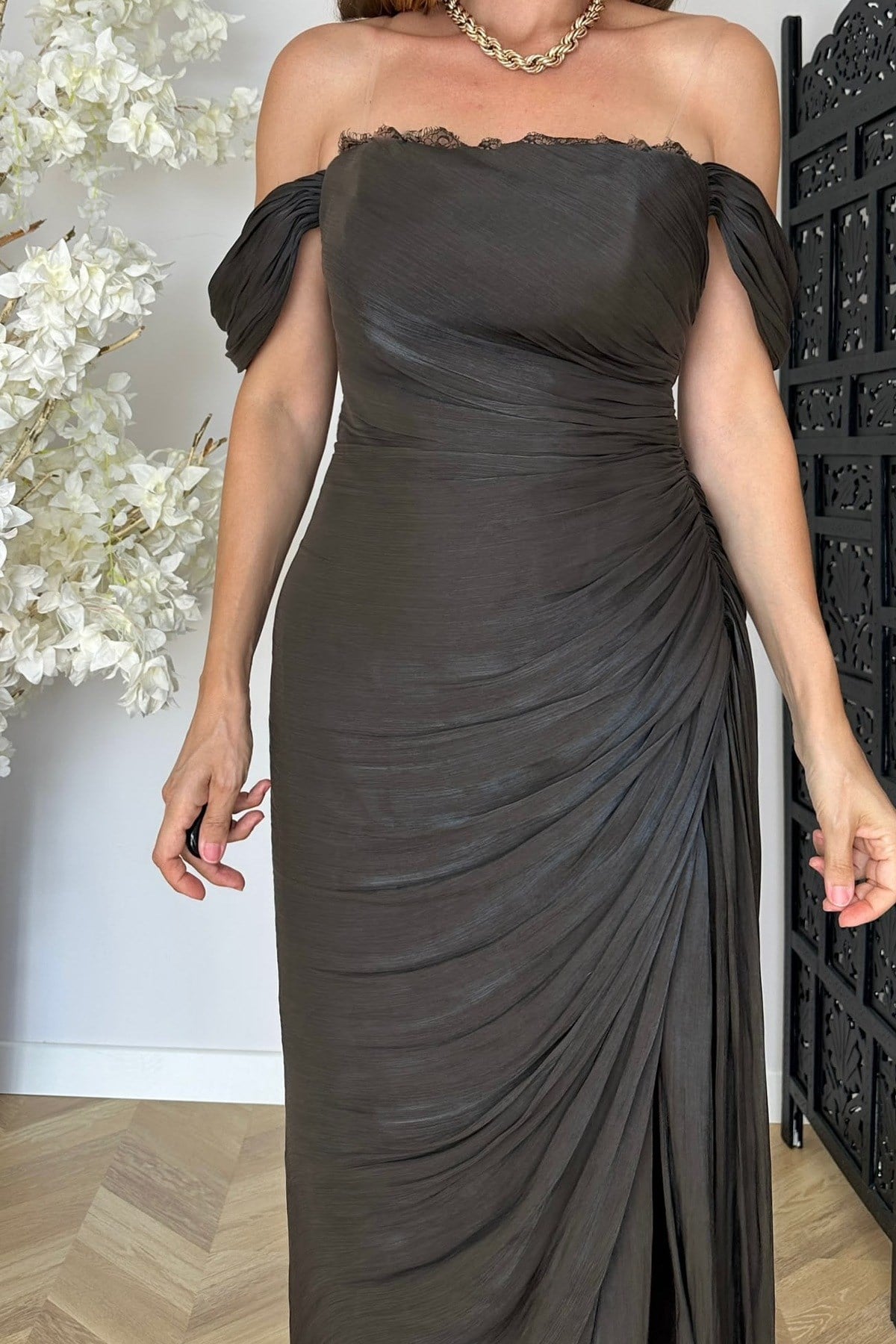 G1936 Drape Detaylı Maksi Abiye Elbise Kahverengi