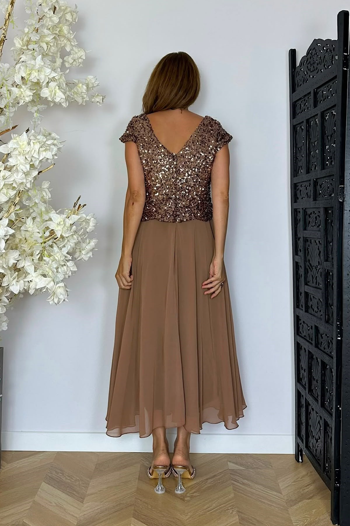 G1946 Payet ve Şifon Detaylı Elbise Bronz