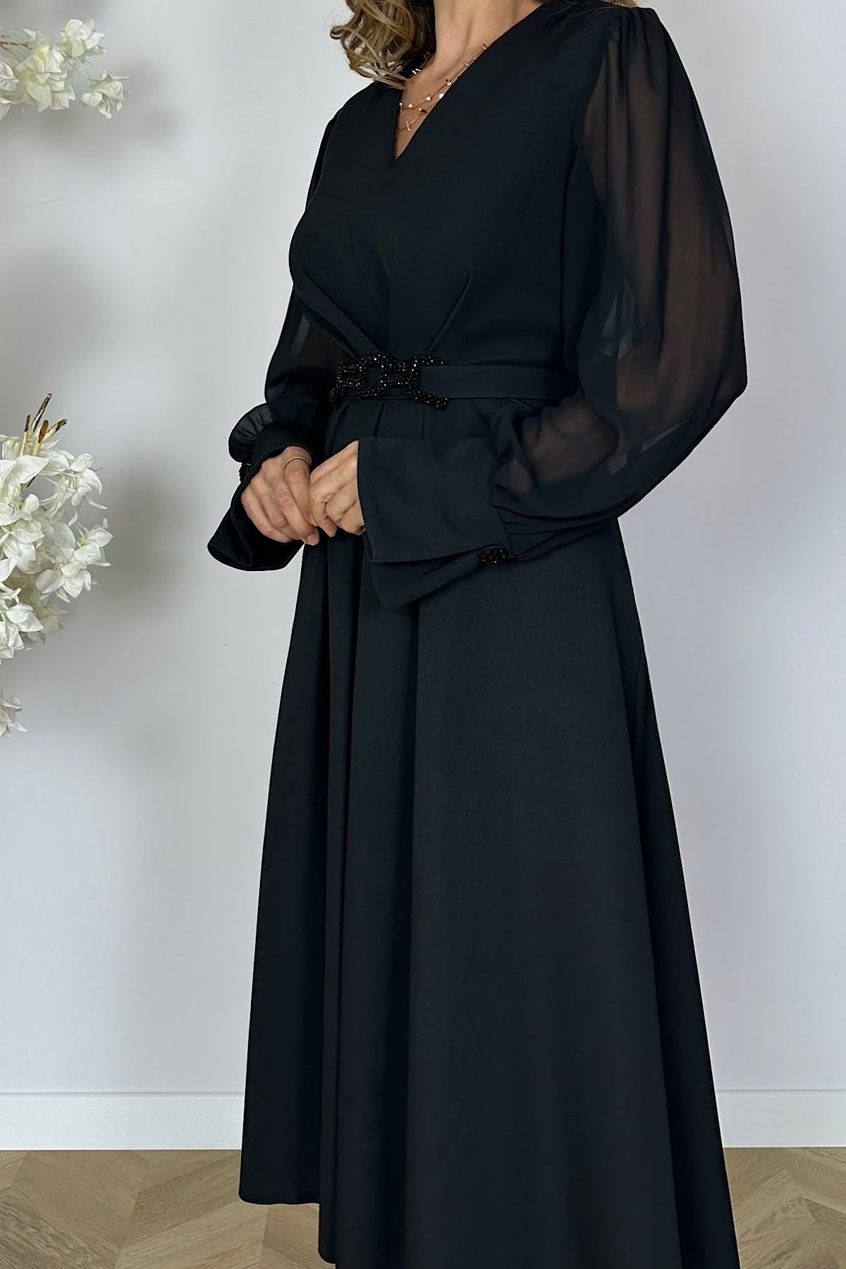 G1973 Şifon Kol Drape Detaylı Elbise Siyah