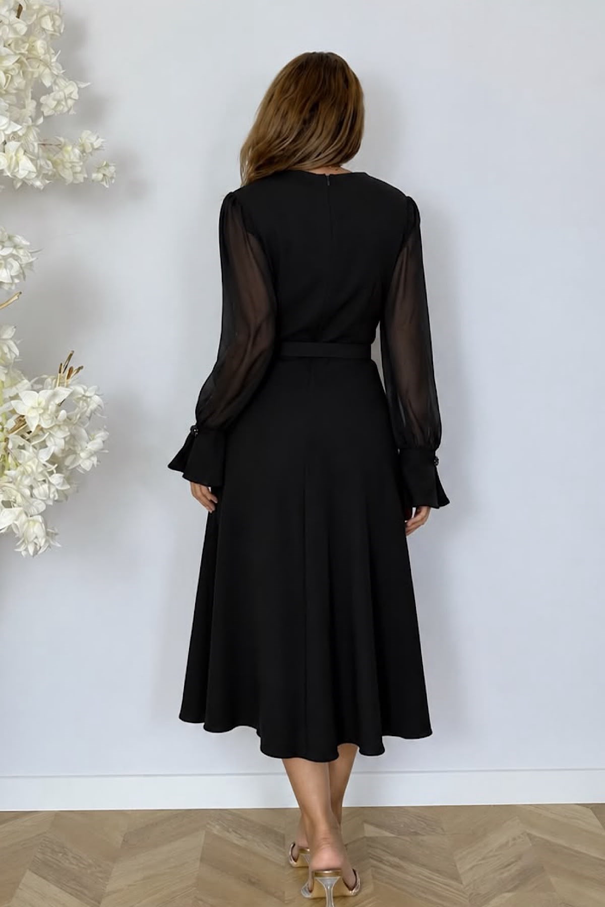 G1973 Şifon Kol Drape Detaylı Elbise Siyah
