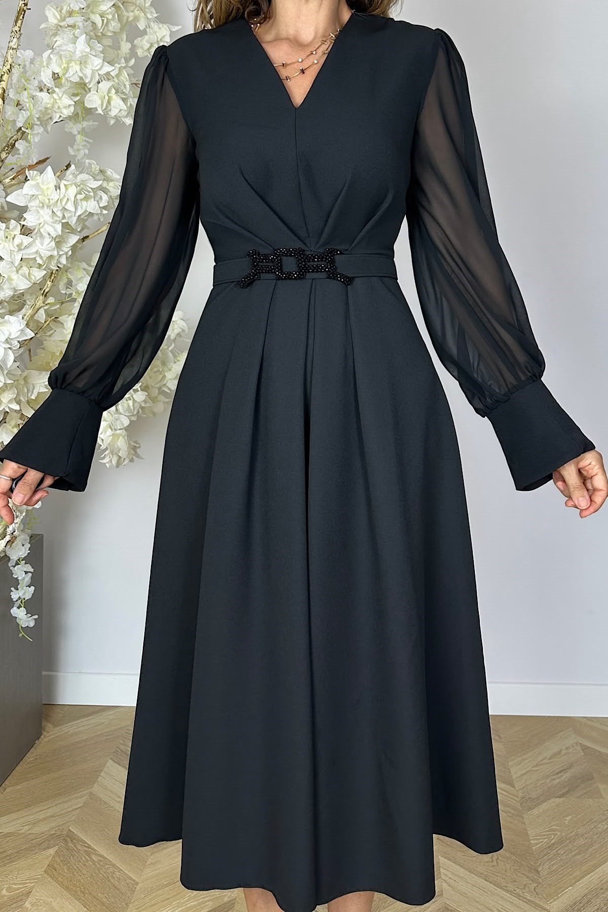 G1973 Şifon Kol Drape Detaylı Elbise Siyah