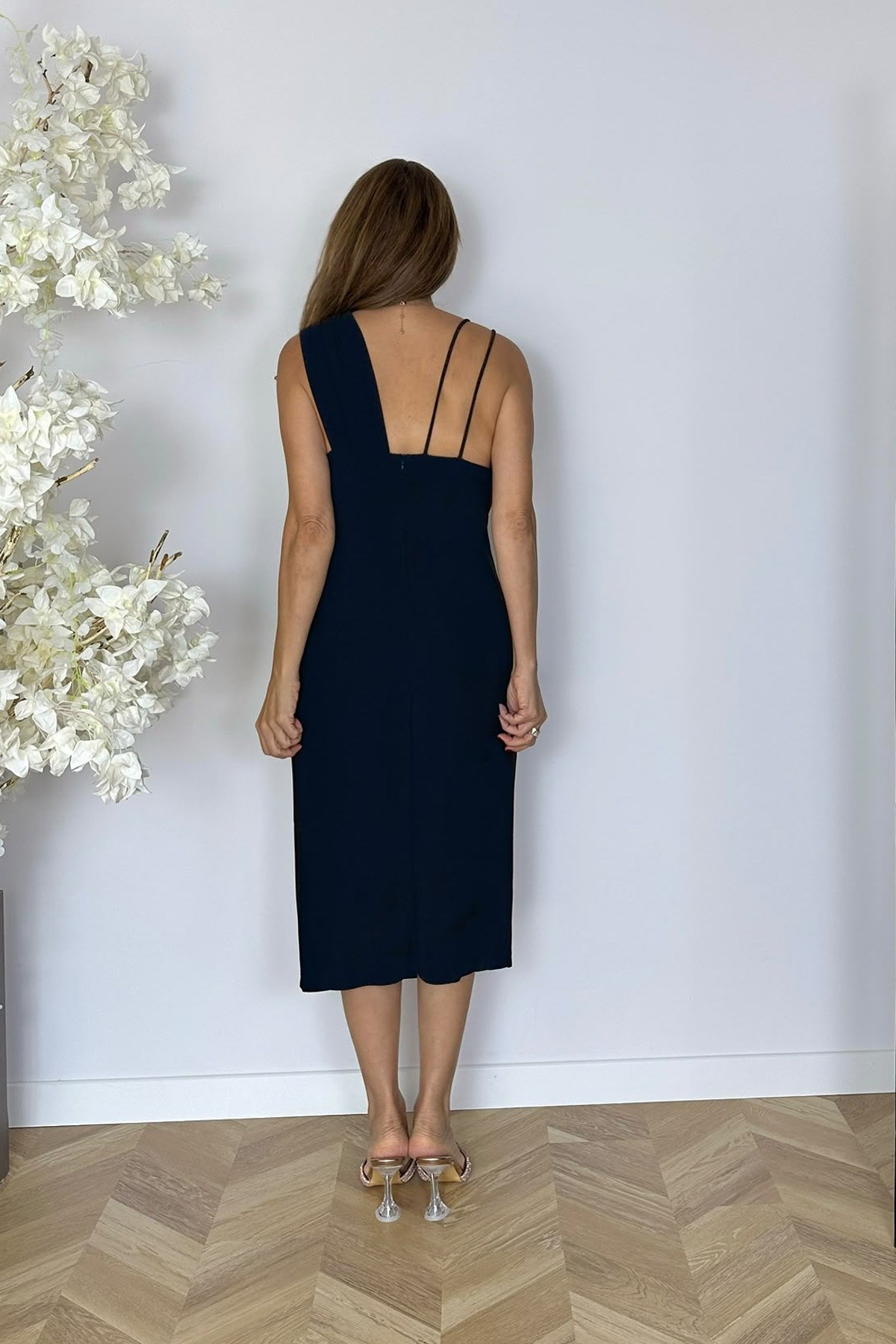 G1997 Yaka ve Drape Detaylı Simli Abiye Elbise Lacivert