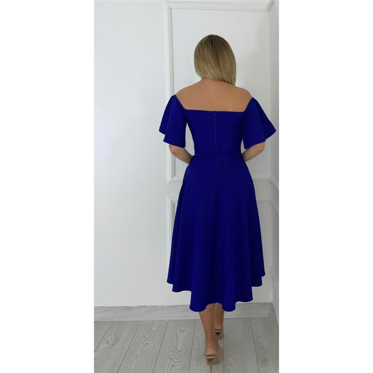 M0891 Carmen Yaka Midi Boy Elbise Mavi