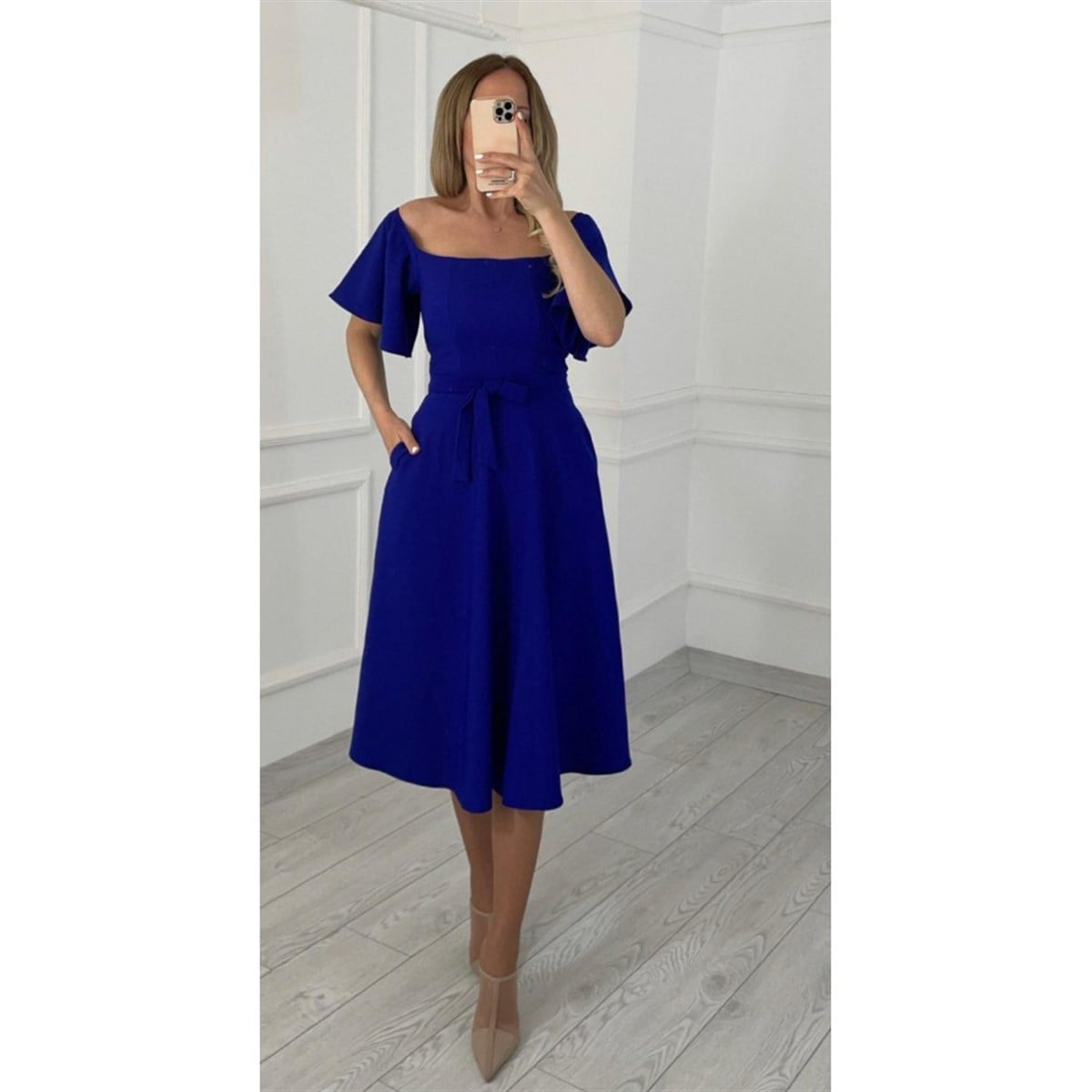 M0891 Carmen Yaka Midi Boy Elbise Mavi