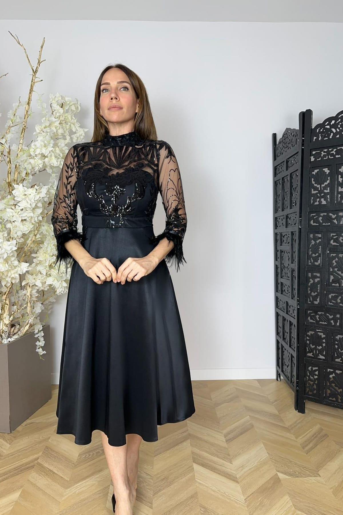 M1876 Tulle and Lace Embroidered Design Dress Black