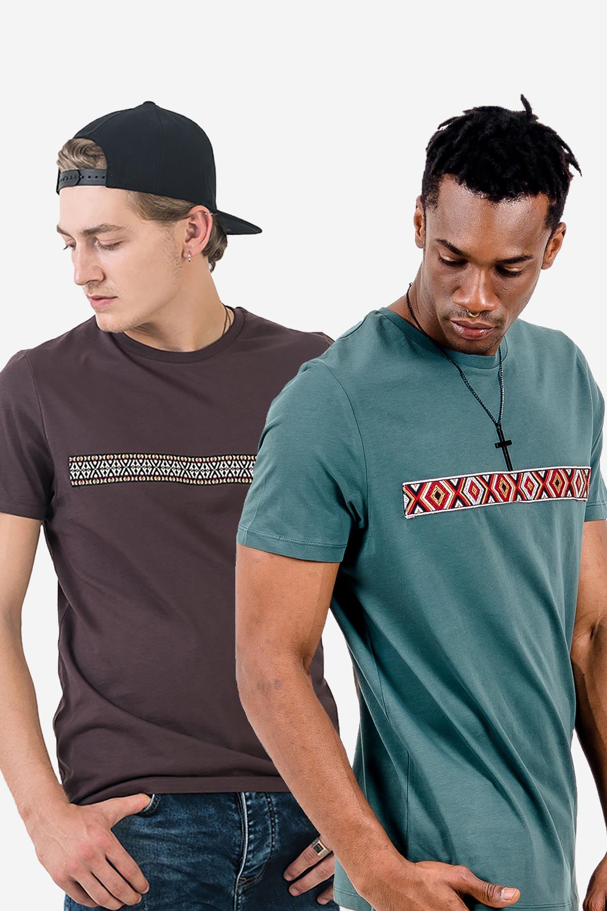 2'li Set Etnik Şerit Detaylı Erkek T-shirt