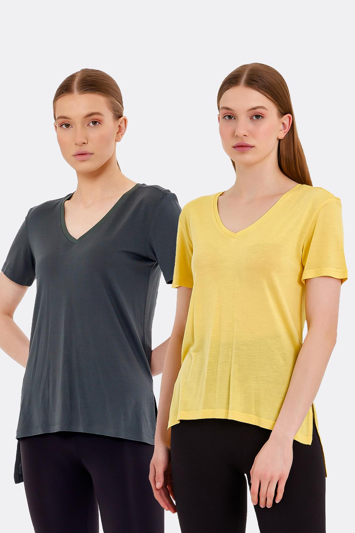 2'li Set Yırtmaçlı Kadın Basic T-shirt