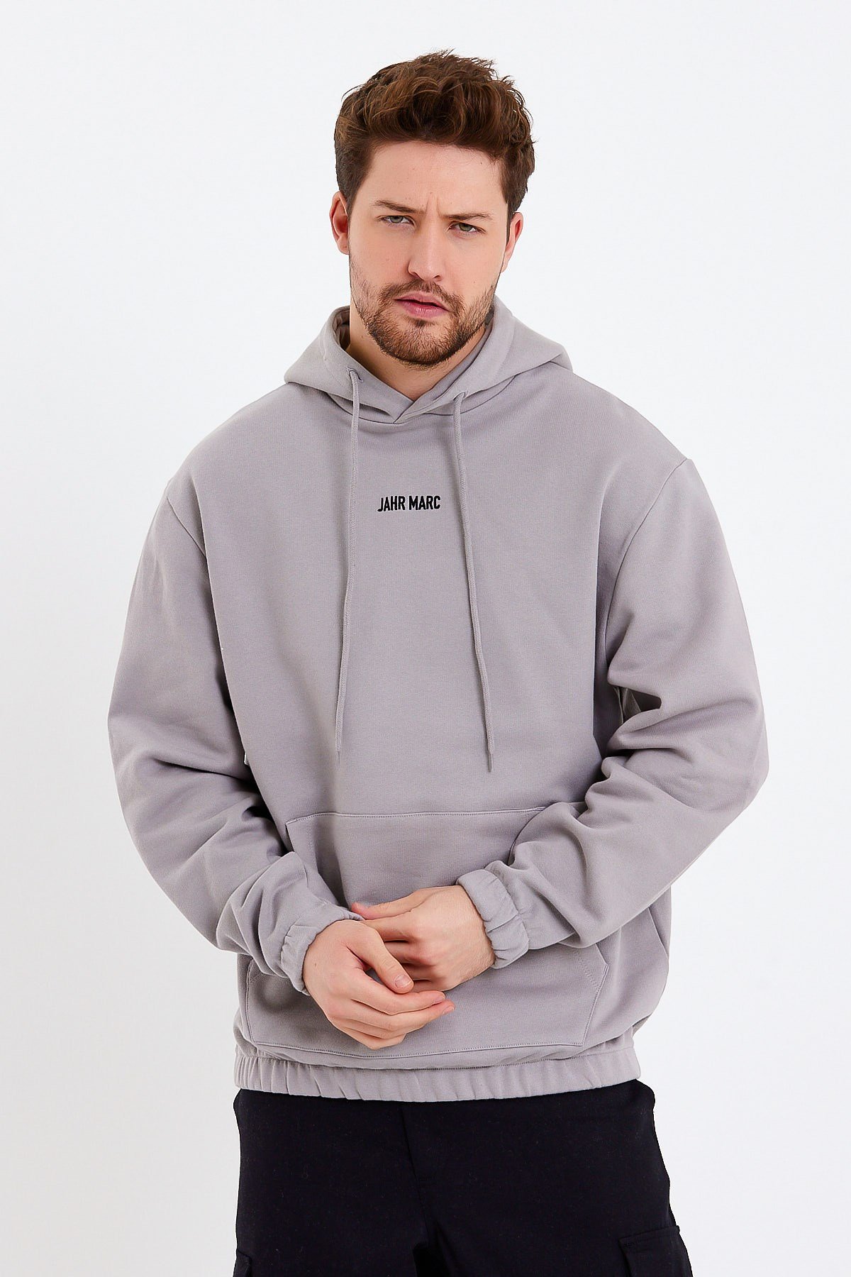 Gri Nakışlı Oversize Erkek Sweatshirt
