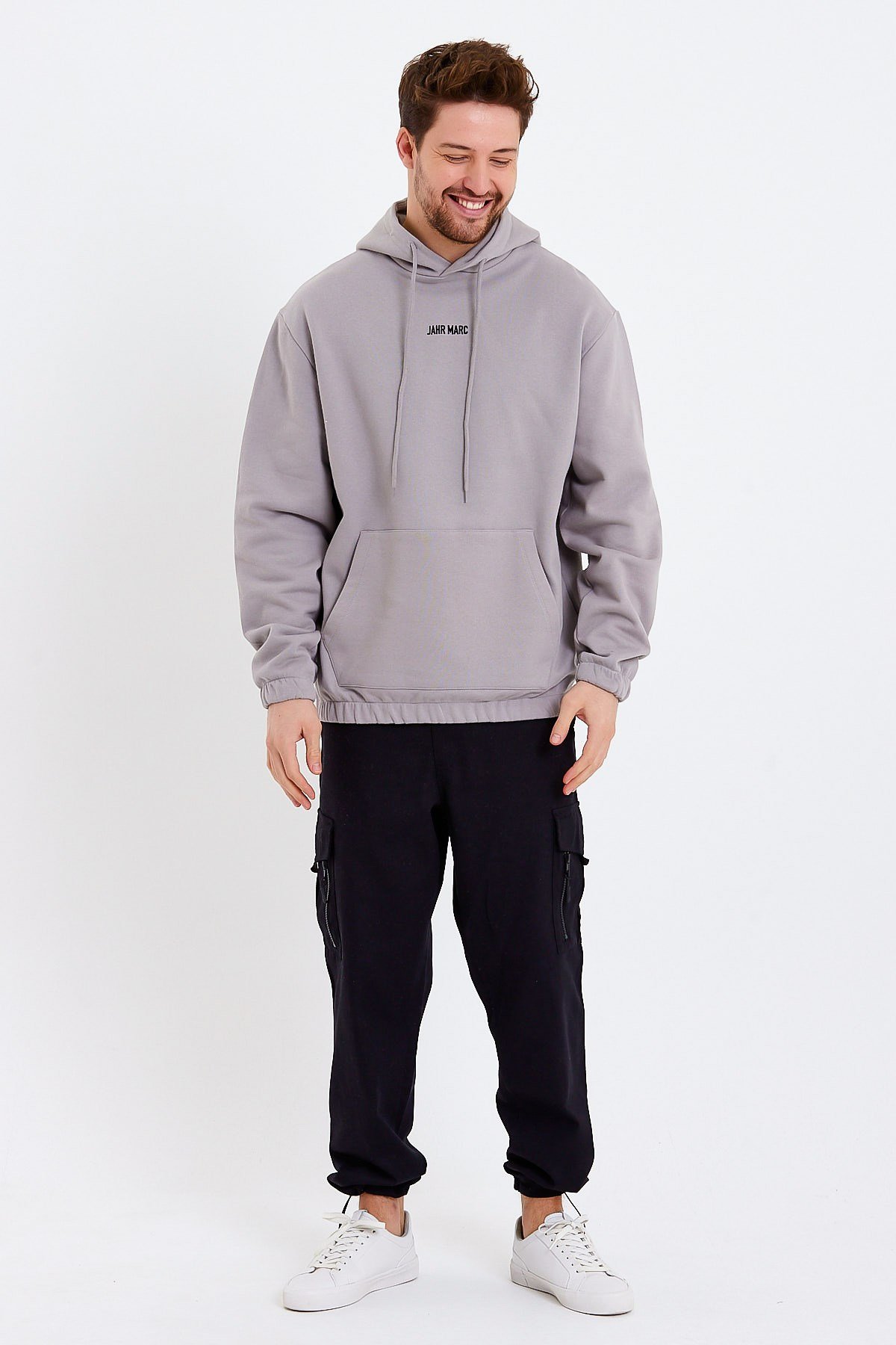 Gri Nakışlı Oversize Erkek Sweatshirt