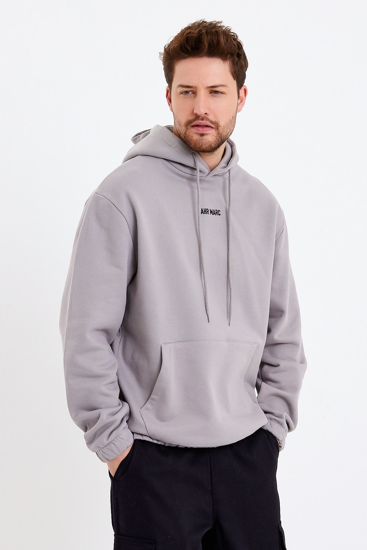 Gri Nakışlı Oversize Erkek Sweatshirt