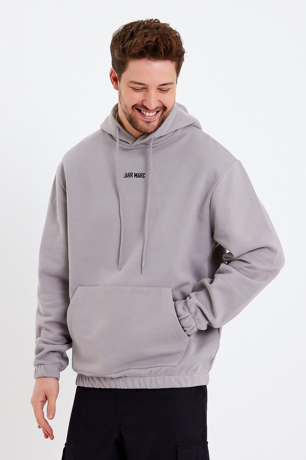 Gri Nakışlı Oversize Erkek Sweatshirt