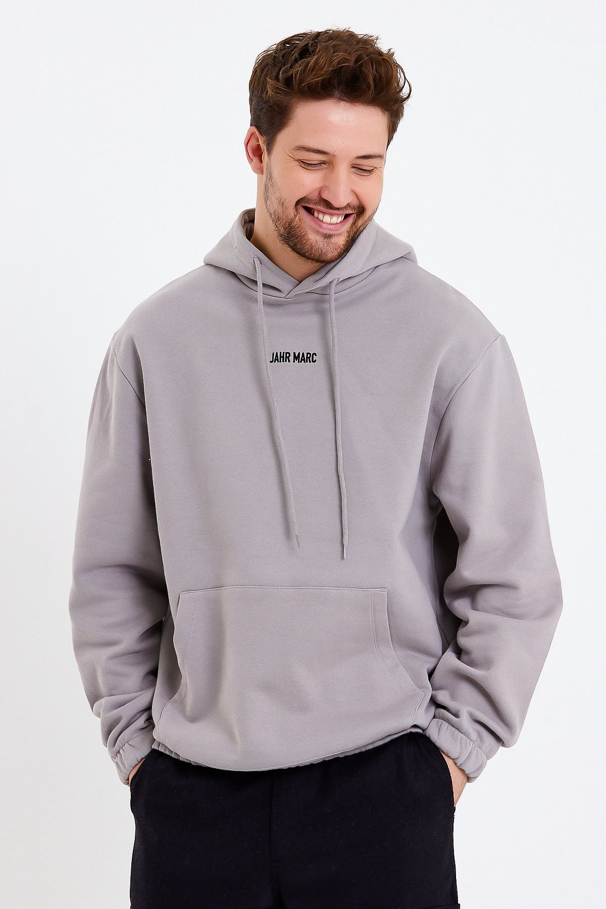 Gri Nakışlı Oversize Erkek Sweatshirt