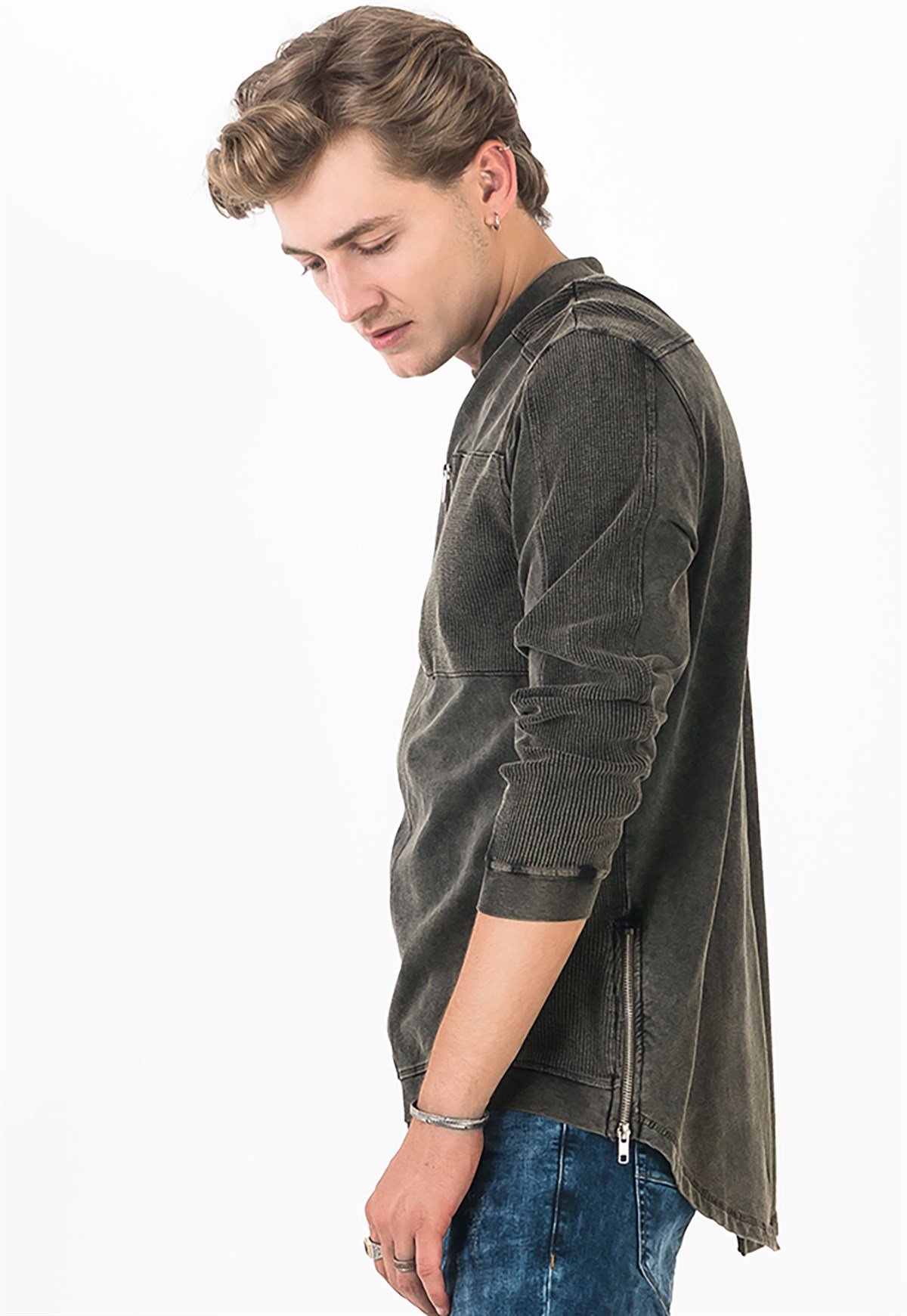 Asit Yıkamalı Slim Fit Haki Erkek T-shirt