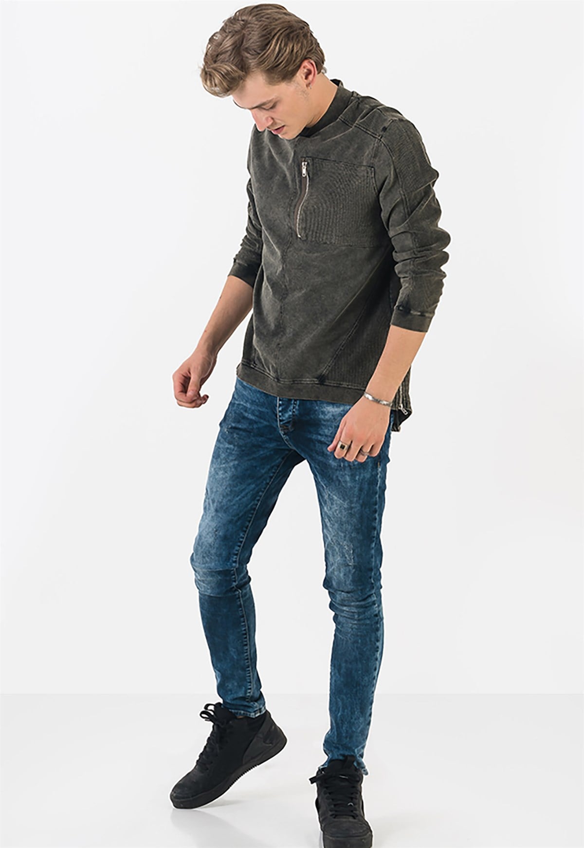 Asit Yıkamalı Slim Fit Haki Erkek T-shirt