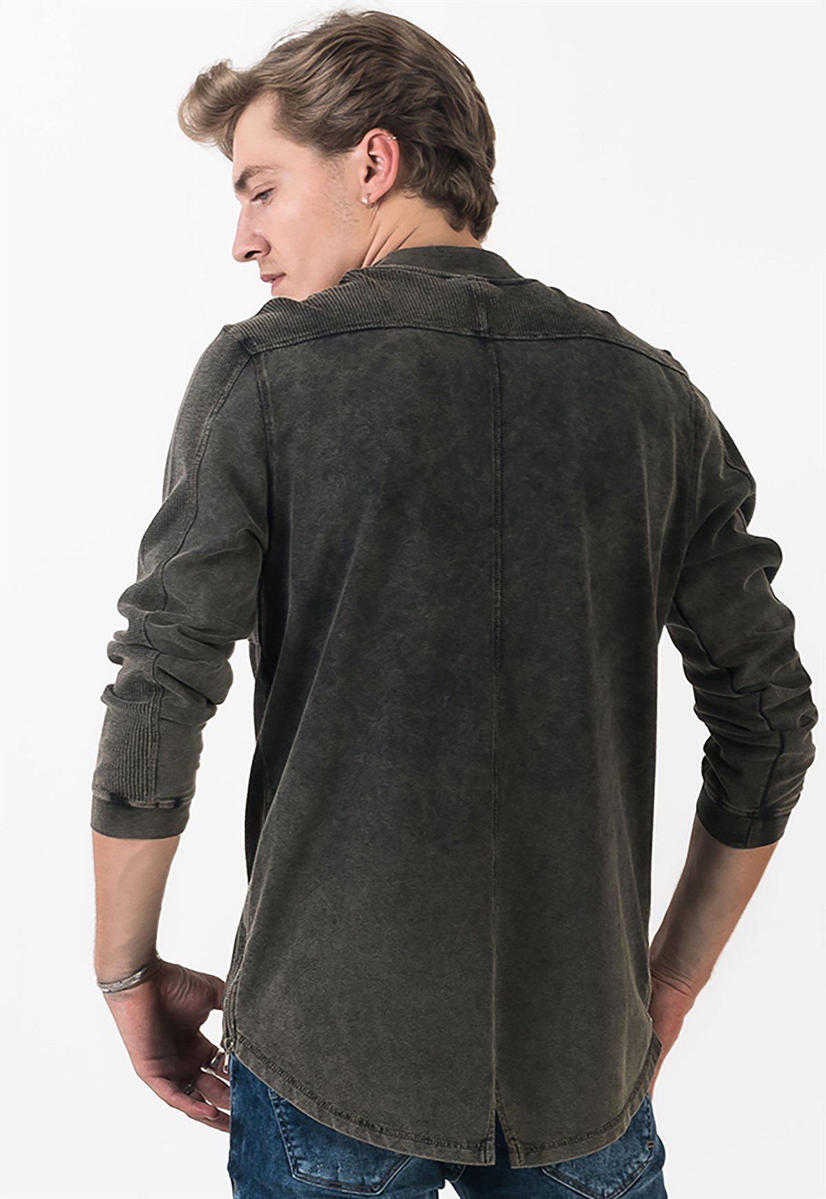 Asit Yıkamalı Slim Fit Haki Erkek T-shirt