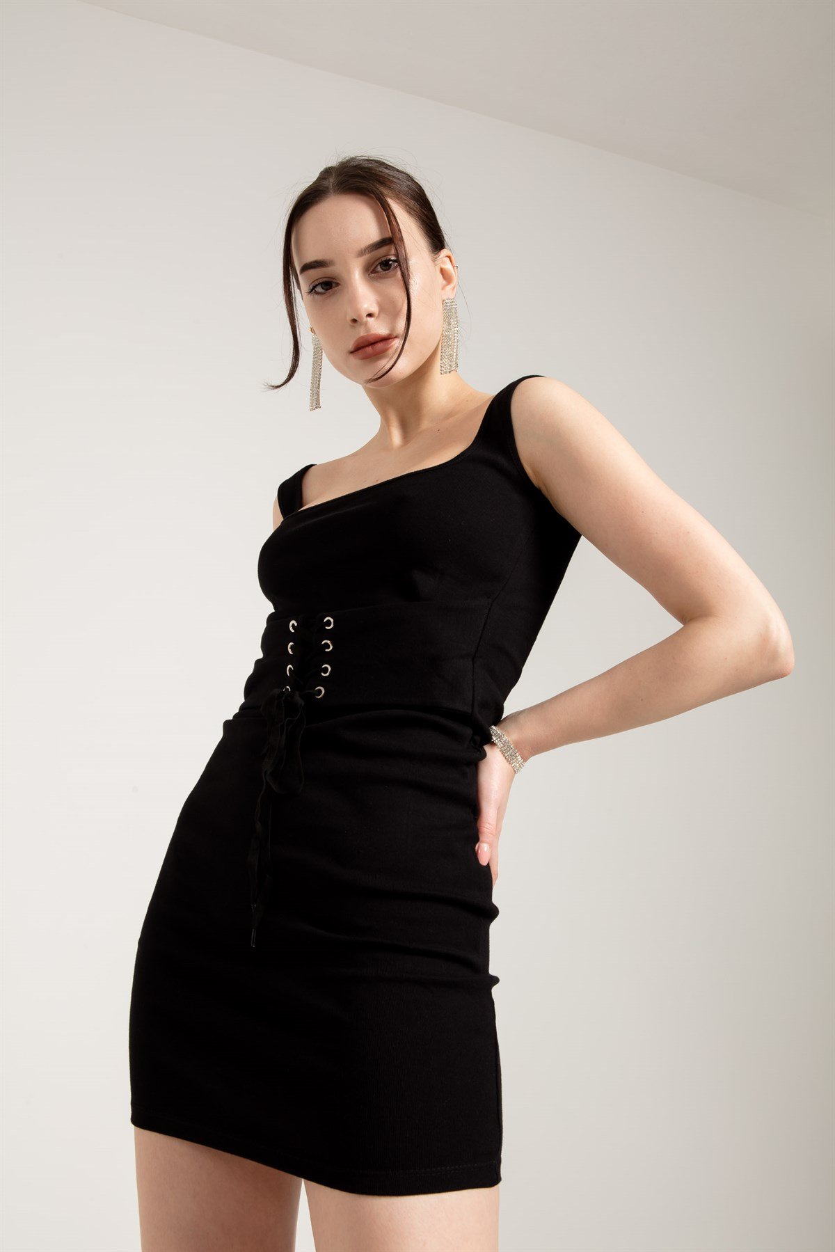 Sleeveless Midi Dress in Black with Corset Detail