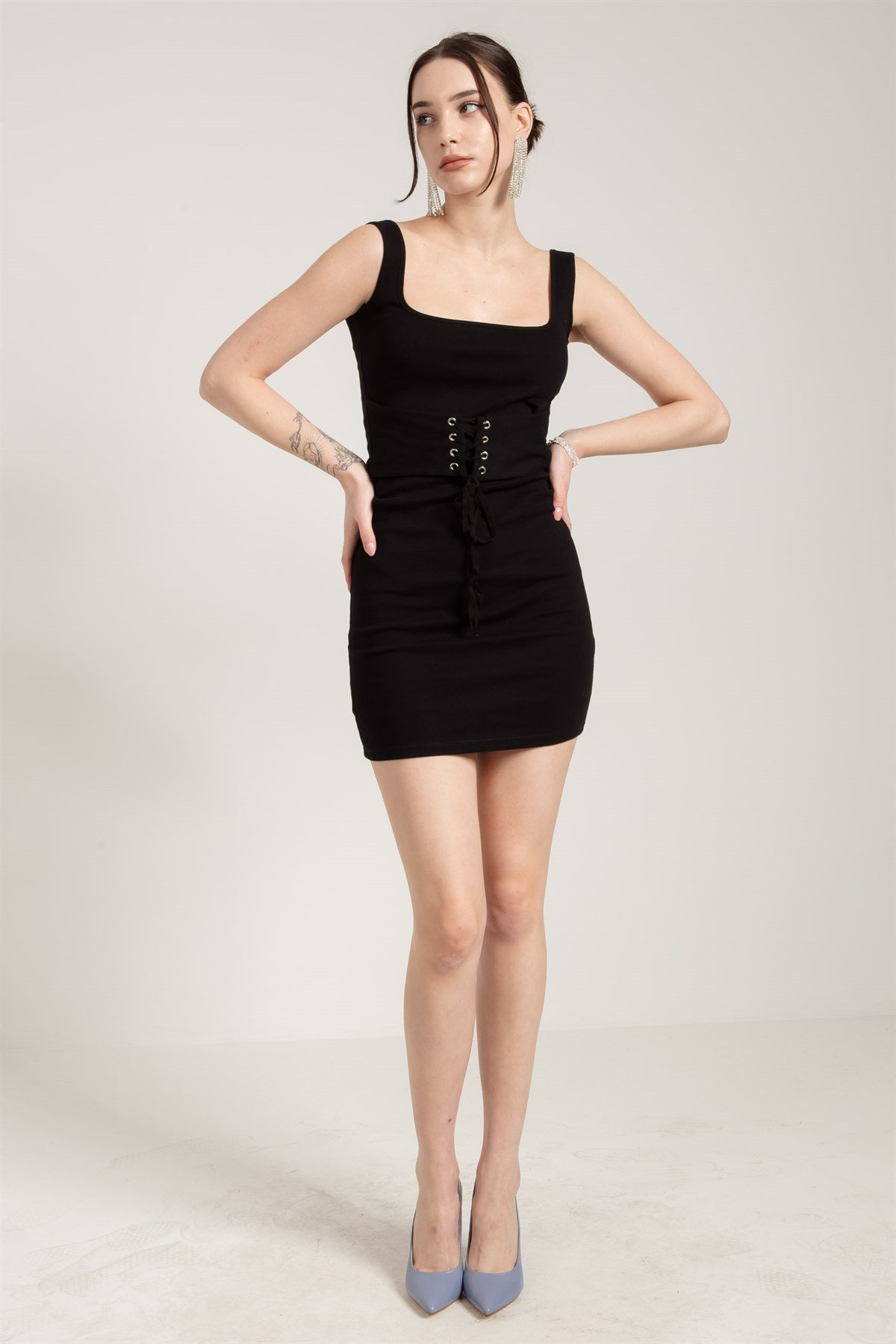 Sleeveless Midi Dress in Black with Corset Detail