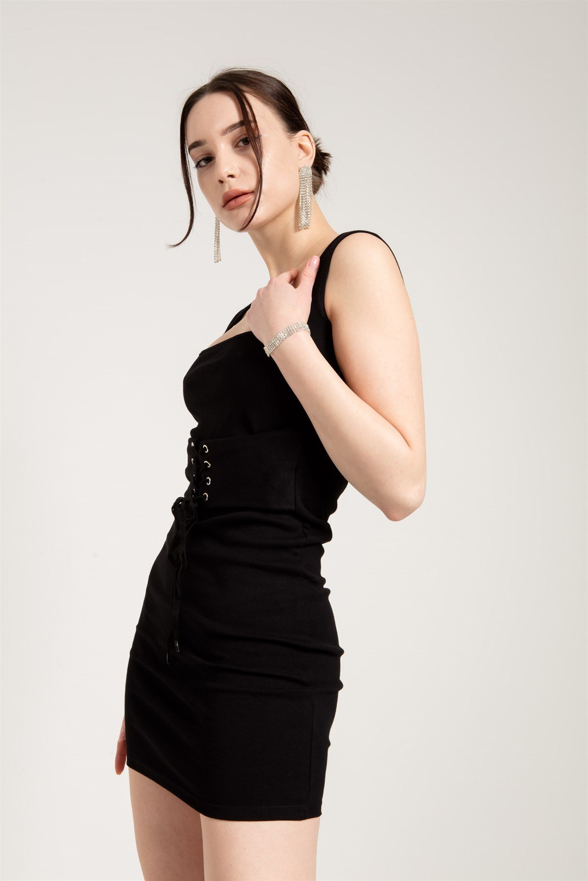 Sleeveless Midi Dress in Black with Corset Detail